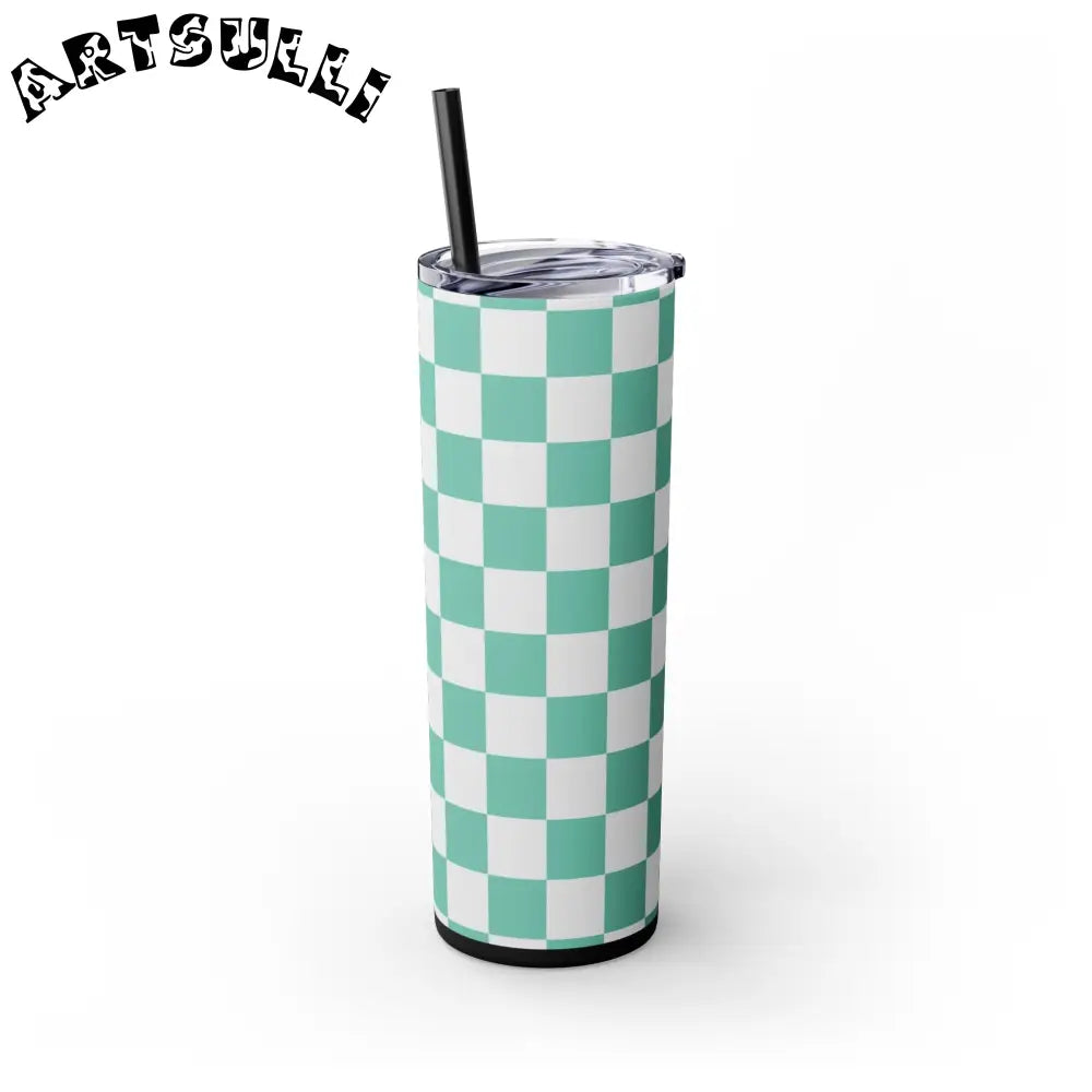 JAKKOUTTHEBXX Checkerboard Light Green Skinny Tumbler with Straw