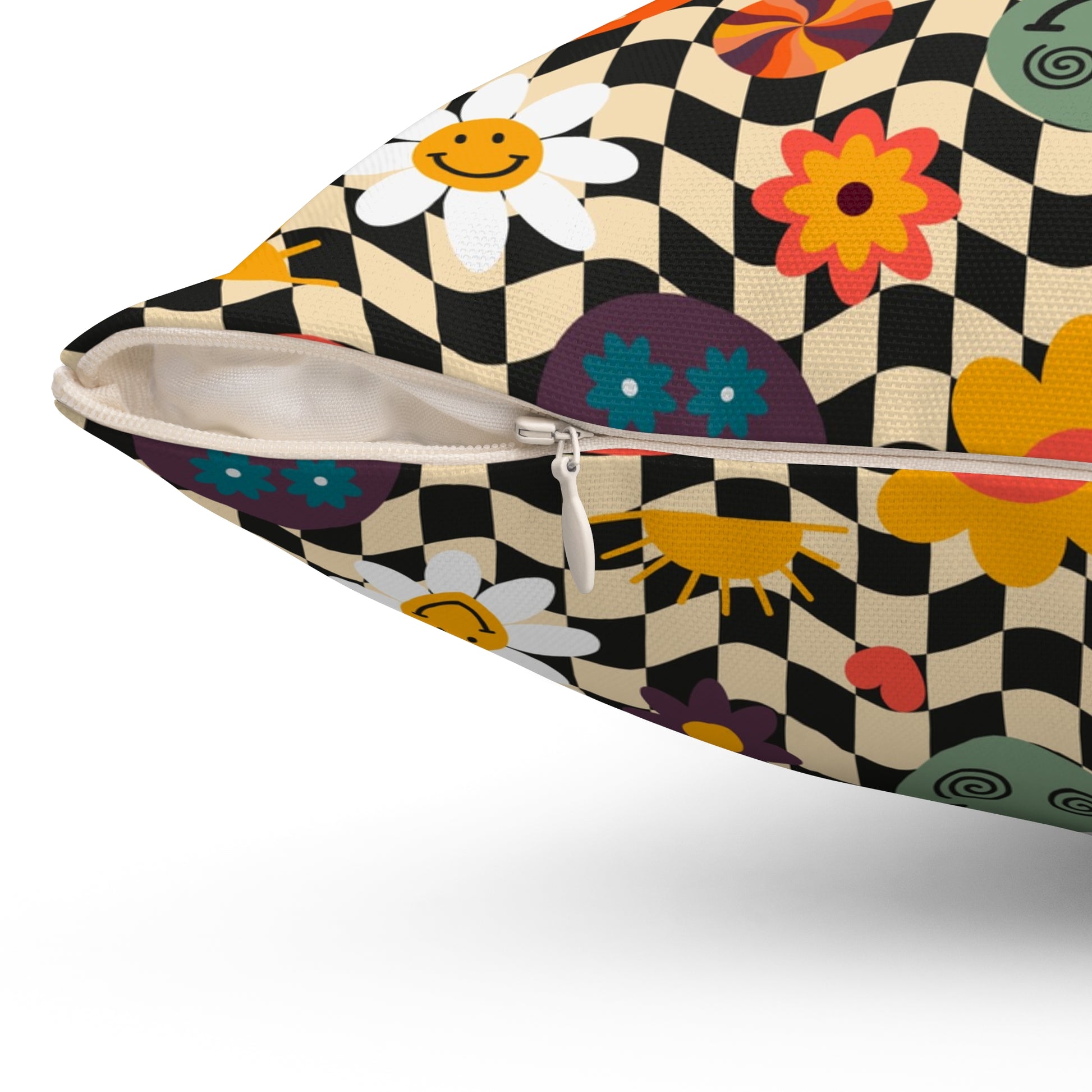 Trippy x Wavy Checkerboard x Smiley Face x Rainbow x Flowers Multi-Color Spun Polyester Square Pillow, Artsulli - Art is Long, Life is Short, Home Decor, , , , , , , 