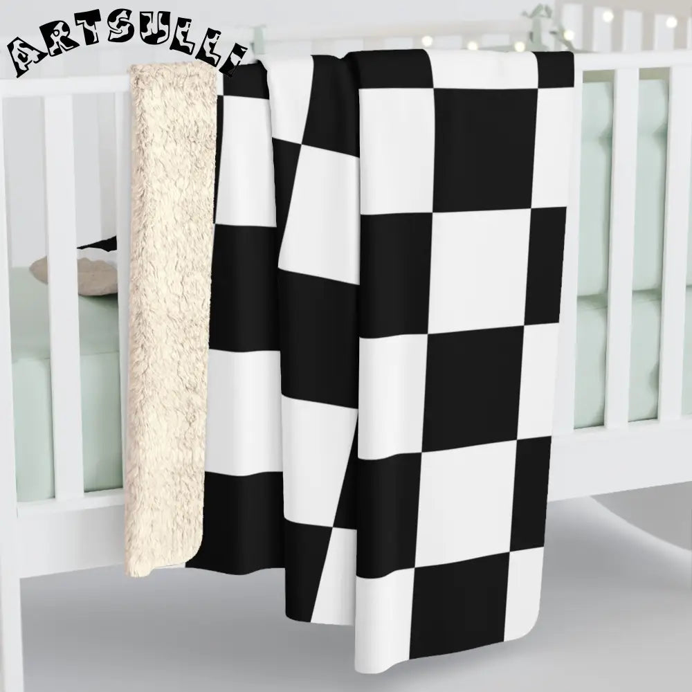 JAKKOUTTHEBXX Checkerboard Black and White Sherpa Fleece Blanket