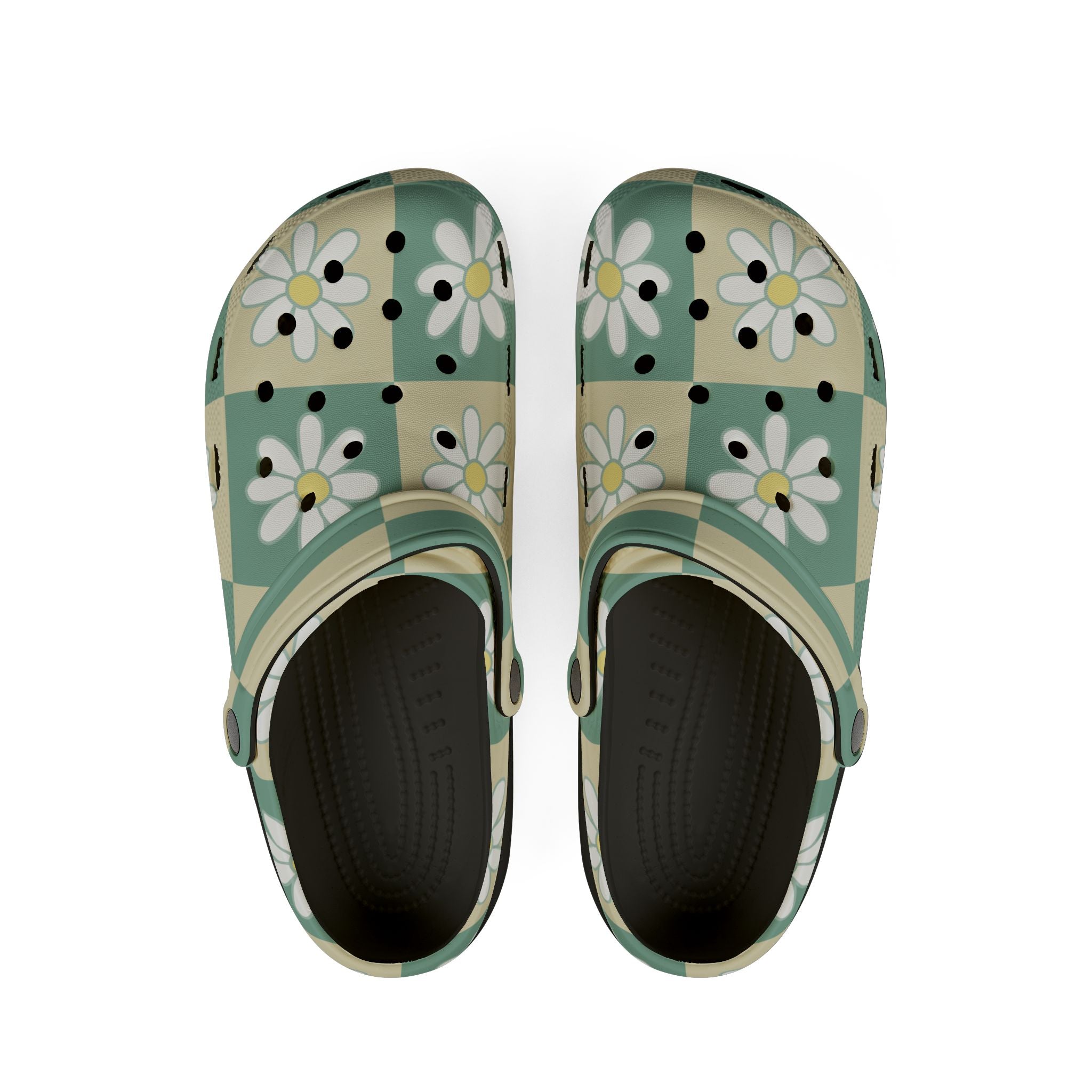 Retro Daisy Checkerboard Green and Tan EVA Foam Rubber Shoes (AOP), Artsulli - Art is Long, Life is Short, Shoes, Size, US 6 (Women's), Color, Black, , , 26010773084338016208
