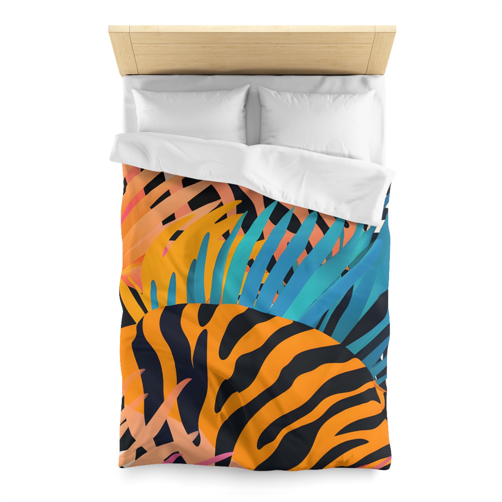 Palm Leaves x Zebra Stripes x  Tiger Stripes Orange and Blue  Microfiber Duvet Cover, Artsulli - Art is Long, Life is Short, Home Decor, , , , , , , 