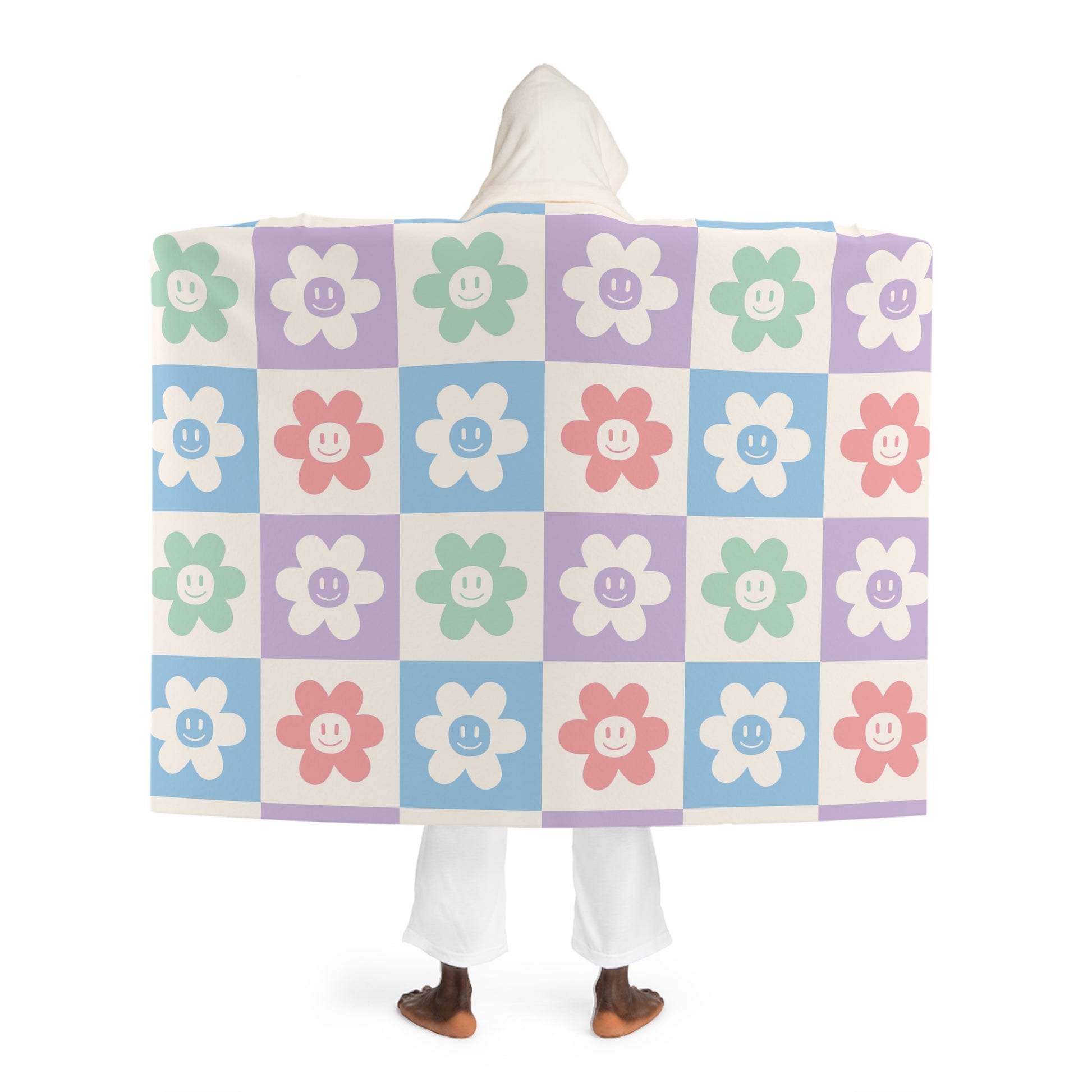 Chessboard x Smiley Face Flowers III Multi-Color Hooded Sherpa Fleece Blanket, Artsulli - Art is Long, Life is Short, All Over Prints, , , , , , , 
