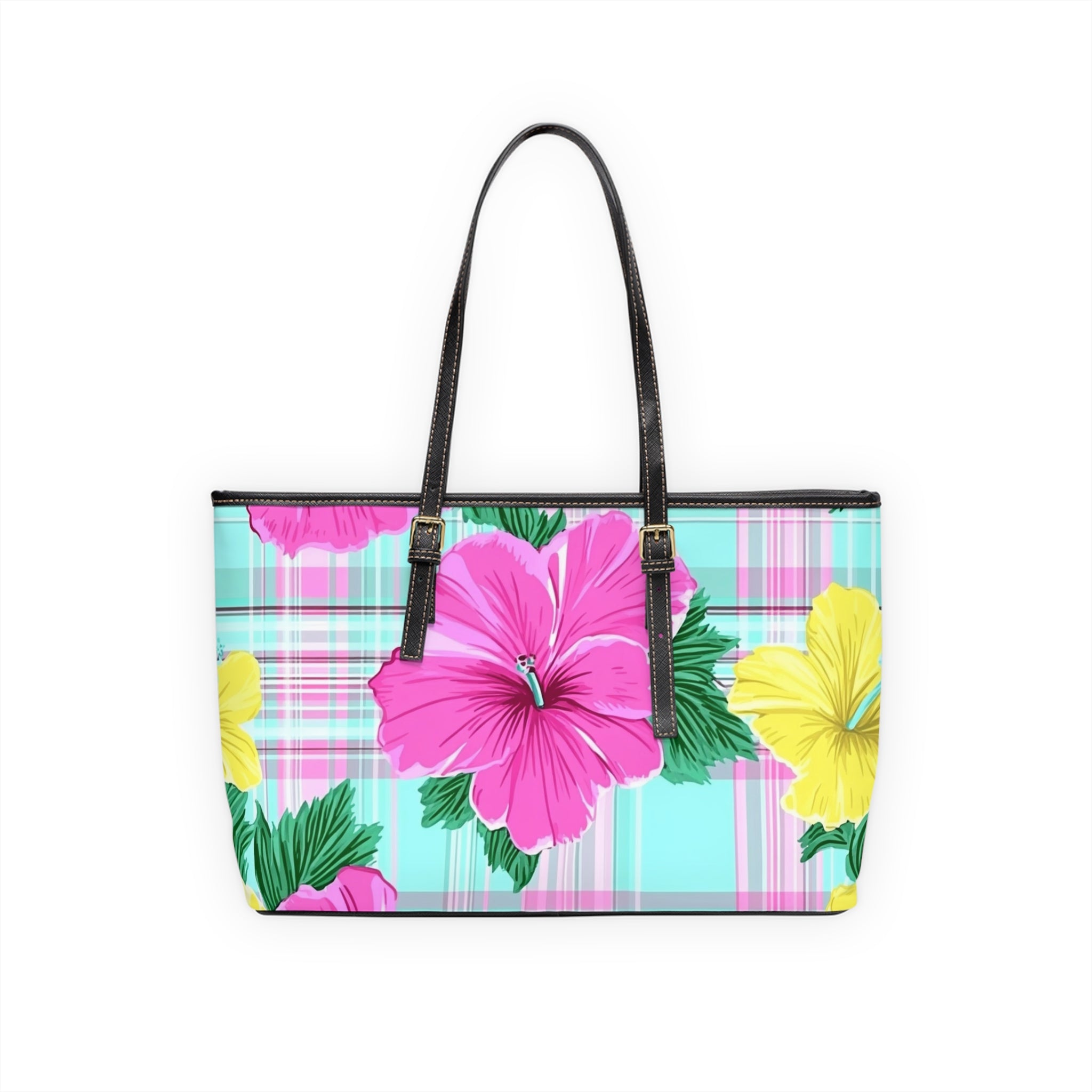 Plaid Hibiscus Pink and Yellow PU Leather Shoulder Bag, Artsulli - Art is Long, Life is Short, Bags, , , , , , , 