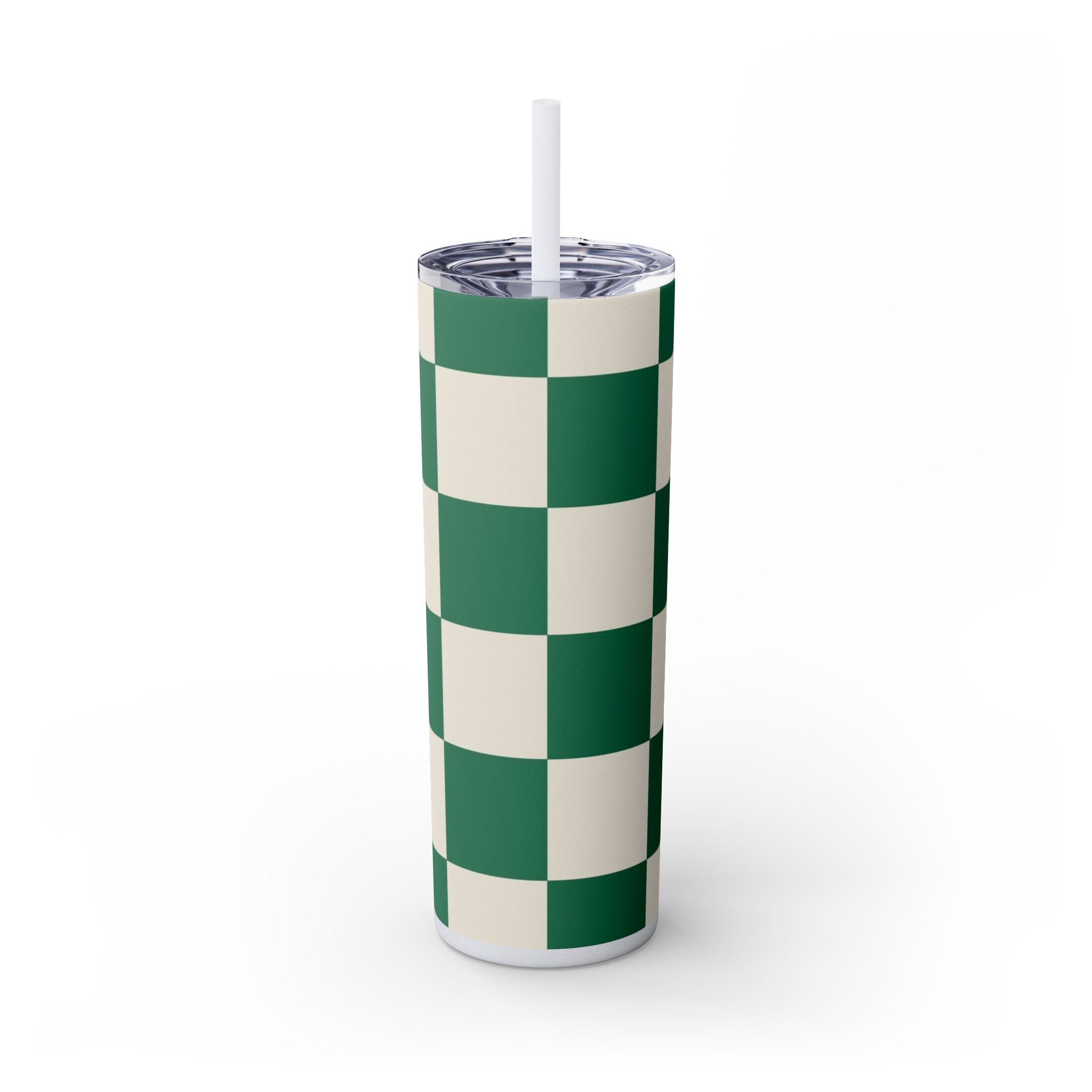 Checkerboard Dark Green Skinny Tumbler with Straw, 20oz, Artsulli - Art is Long, Life is Short, Mug, Finish, Glossy, Color, Glitter Iceberg, Size, 20oz, 10097906429688058174