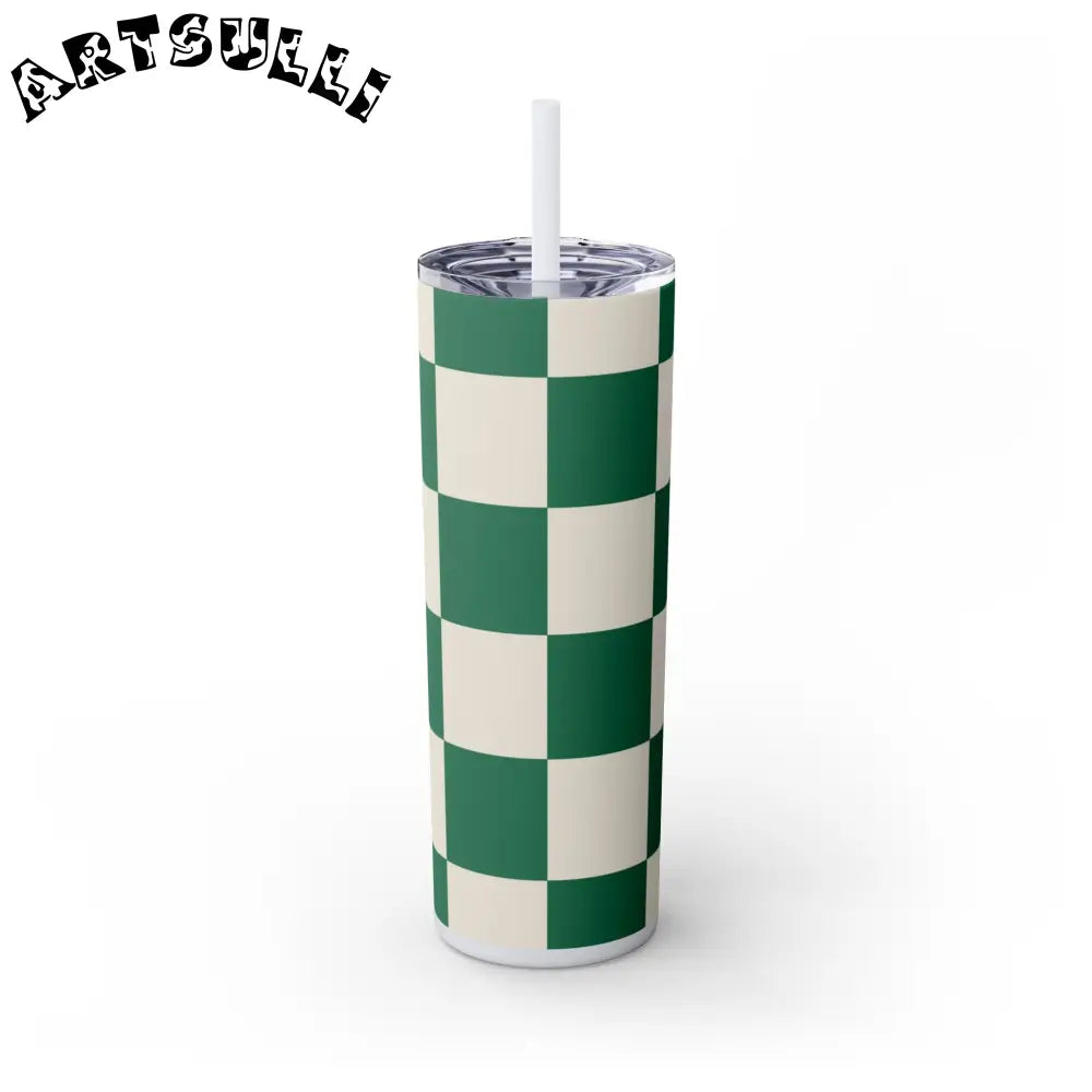 JAKKOUTTHEBXX Checkerboard Dark Green Skinny Tumbler with Straw 20oz