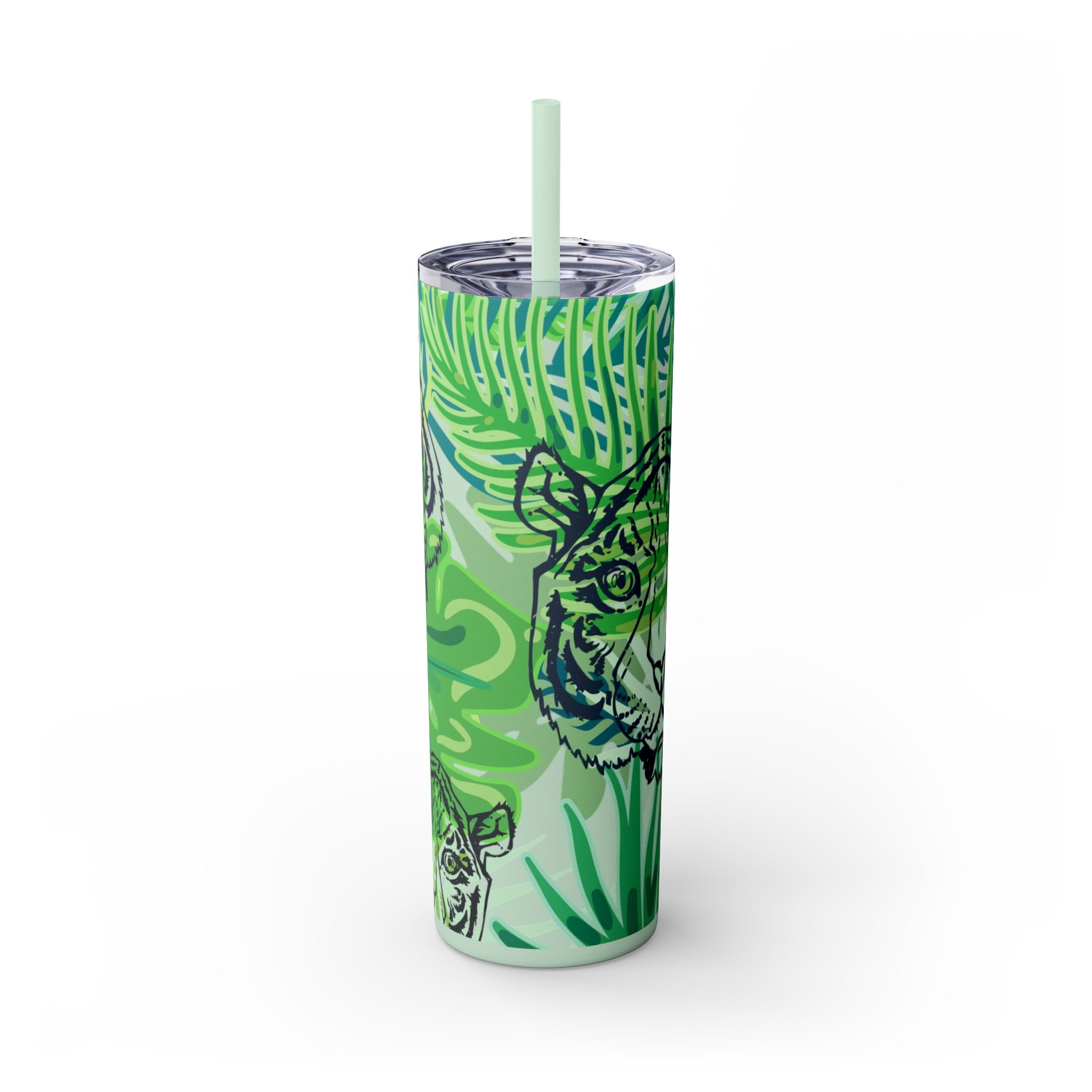 Tropical Jungle Tigers Green Skinny Tumbler with Straw, 20oz, Artsulli - Art is Long, Life is Short, Mug, Finish, Glossy, Color, Seafoam, Size, 20oz, 14850578760257