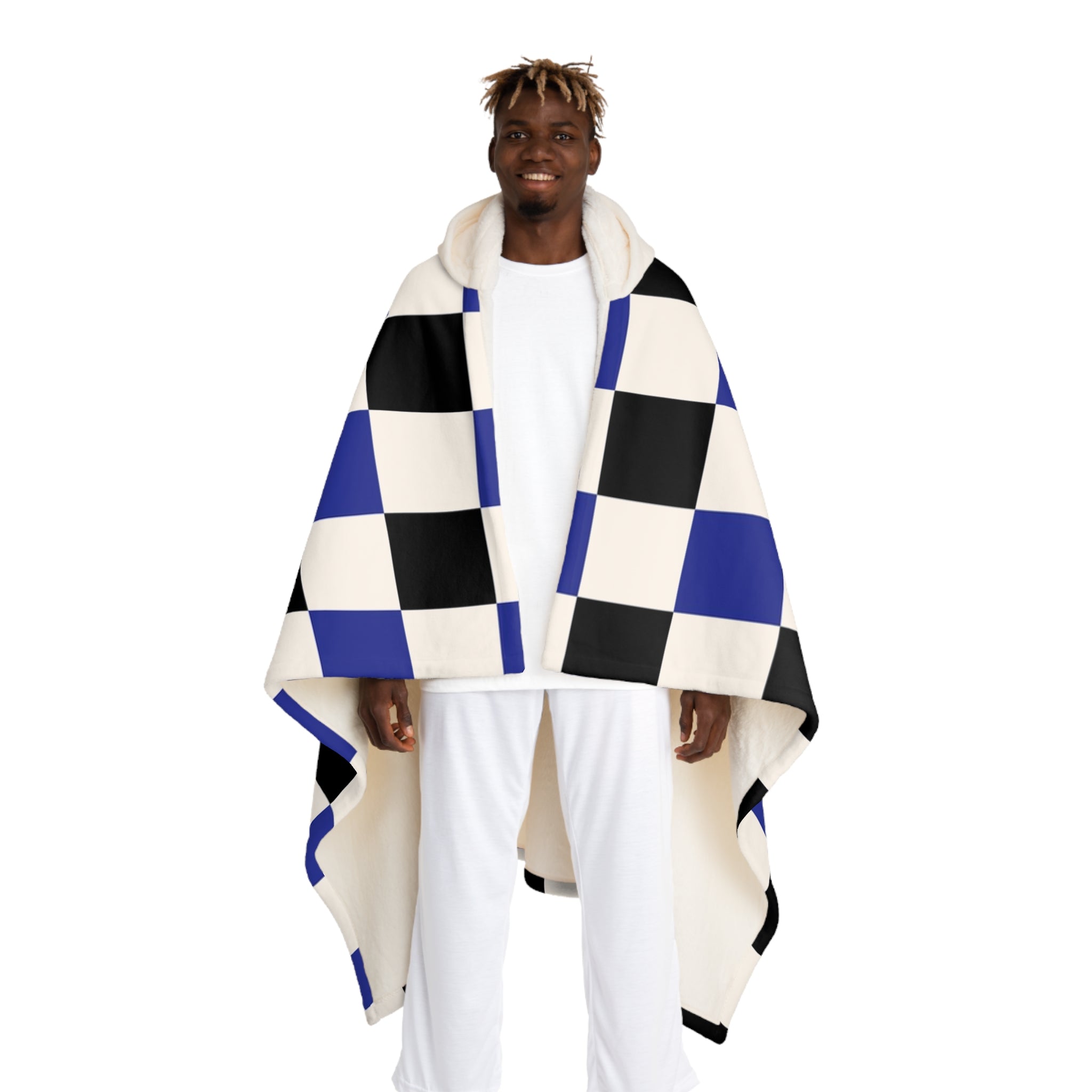 Checkerboard Blue White and Black Hooded Sherpa Fleece Blanket, Artsulli - Art is Long, Life is Short, All Over Prints, Size, One size, Color, Cream, , , 28184449535862122524