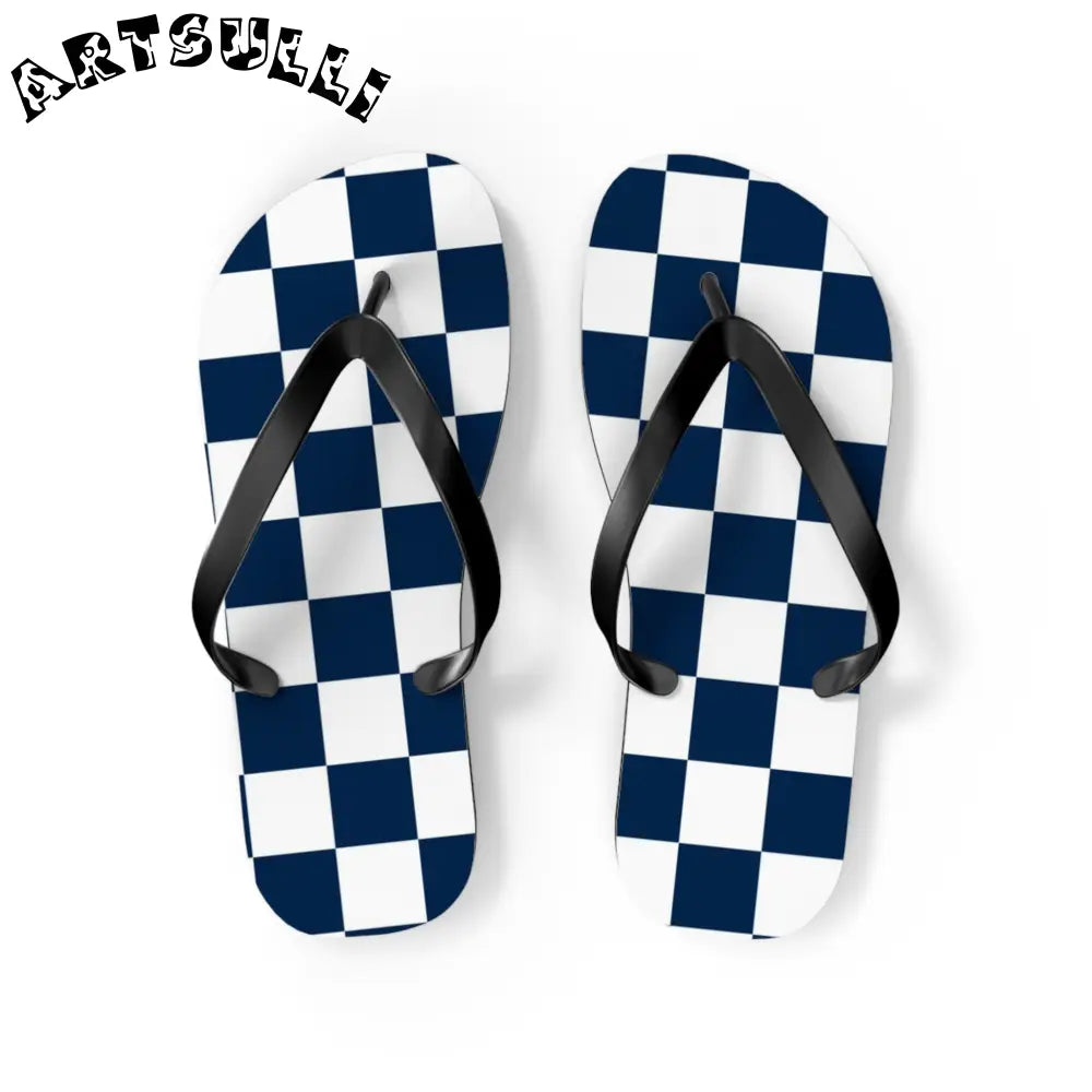 JAKKOUTTHEBXX Checkerboard White and Navy Blue Flip Flops