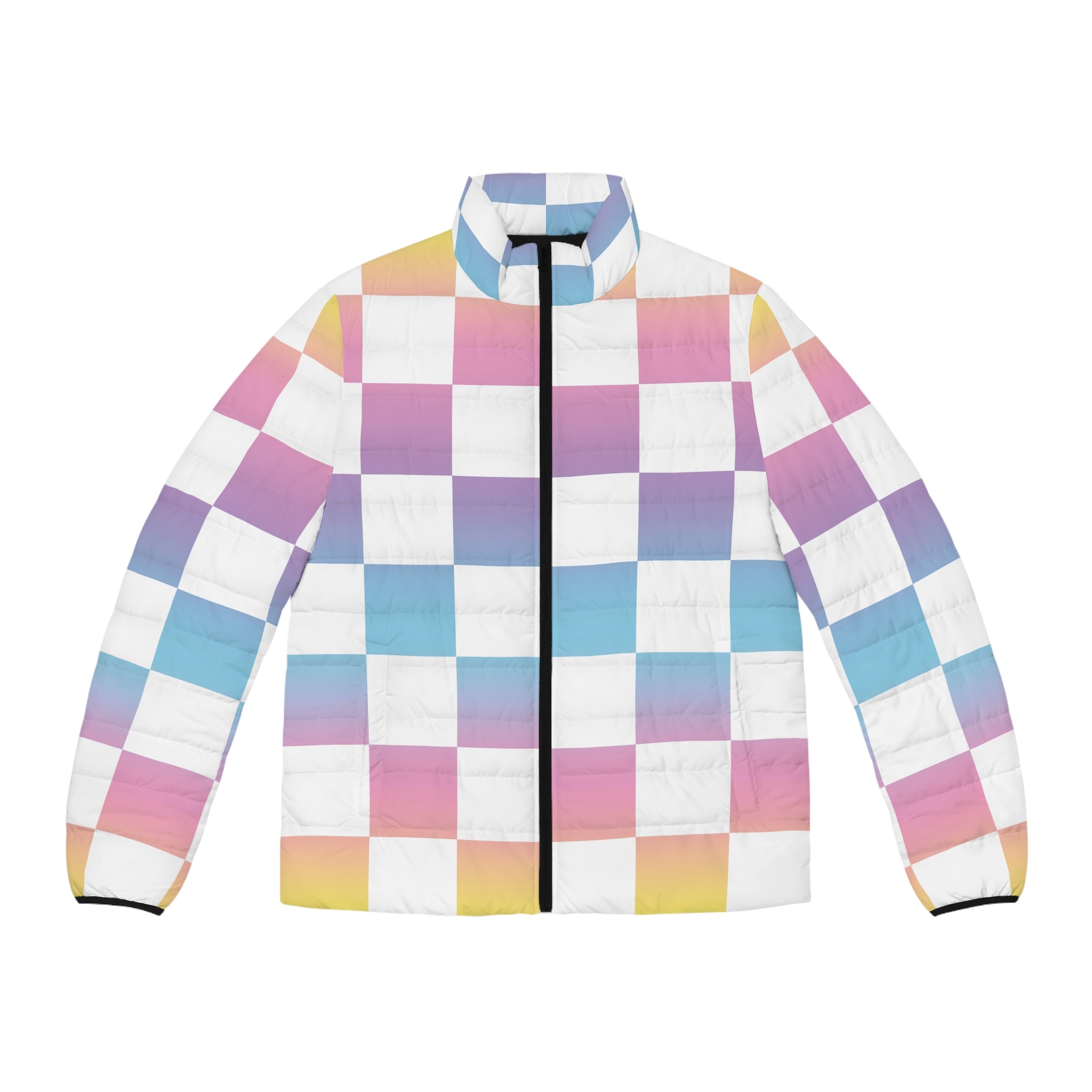 Vaporwave Check Men's Puffer Jacket (AOP), Artsulli - Art is Long, Life is Short, All Over Prints, Size, S, Color, Black zipper, , , 26114854611766566447
