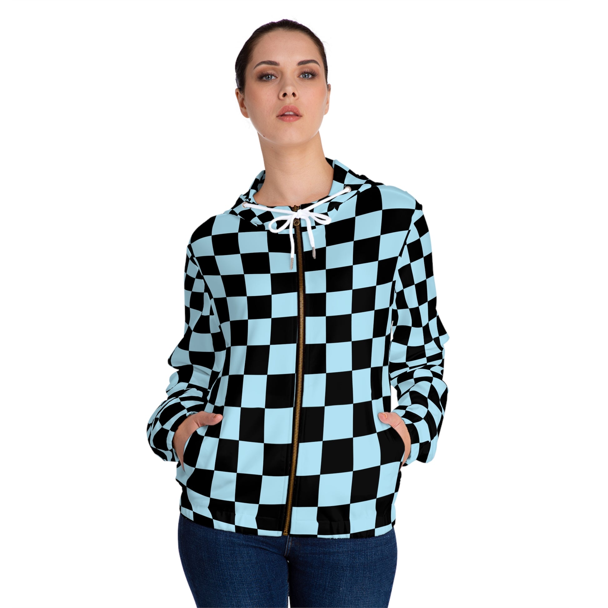 Checkerboard Black and Blue Women’s Full-Zip Hoodie (AOP), Artsulli - Art is Long, Life is Short, All Over Prints, , , , , , , 