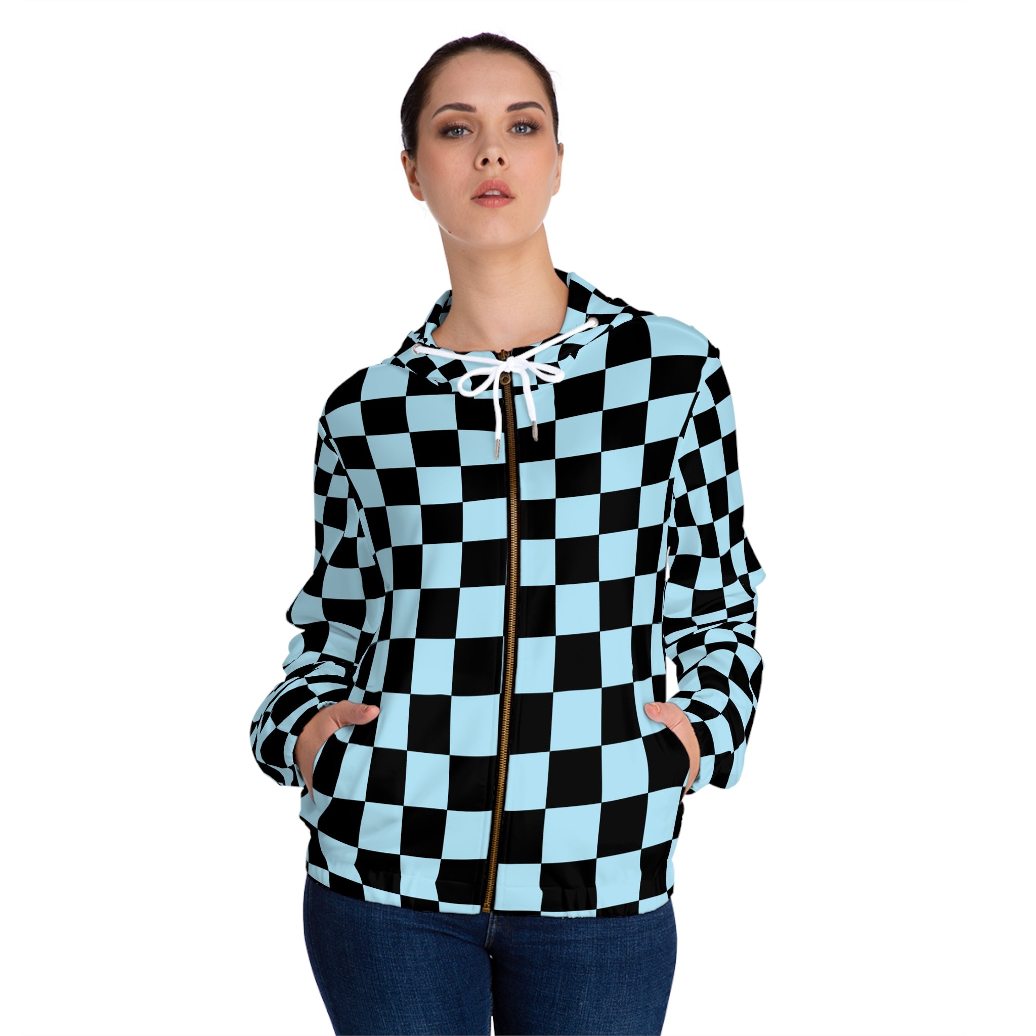 Checkerboard Black and Blue Women’s Full-Zip Hoodie (AOP), Artsulli - Art is Long, Life is Short, All Over Prints, , , , , , , 