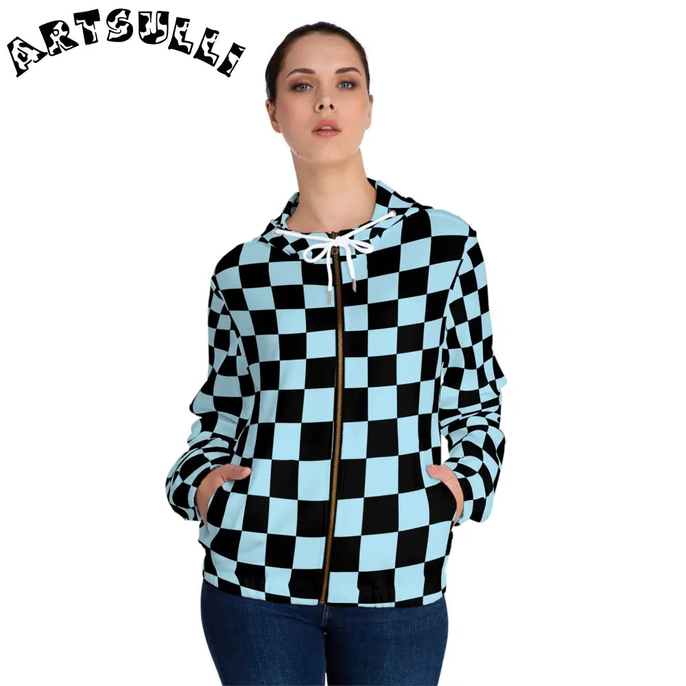 JAKKOUTTHEBXX Checkerboard Black and Blue Women’s Full-Zip Hoodie