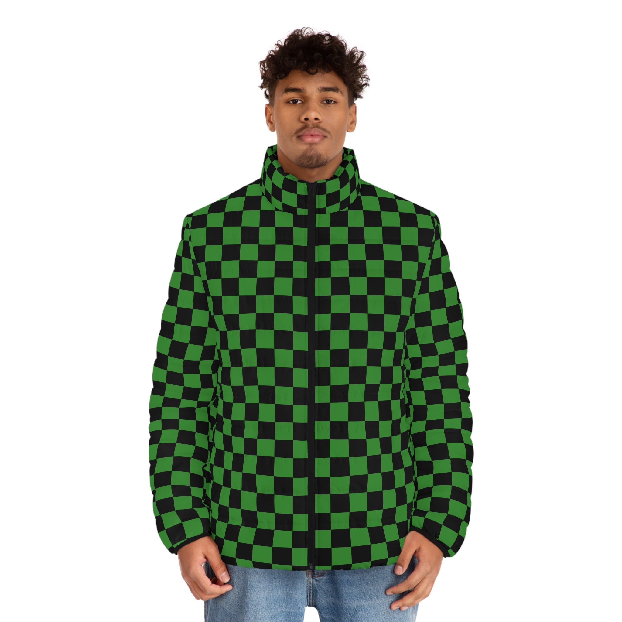 Checkerboard Green and Black Men's Puffer Jacket (AOP), Artsulli - Art is Long, Life is Short, All Over Prints, , , , , , , 