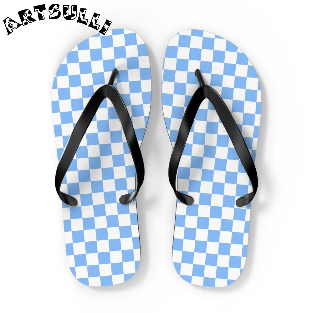 JAKKOUTTHEBXX Checkerboard White and Light Blue Flip Flops