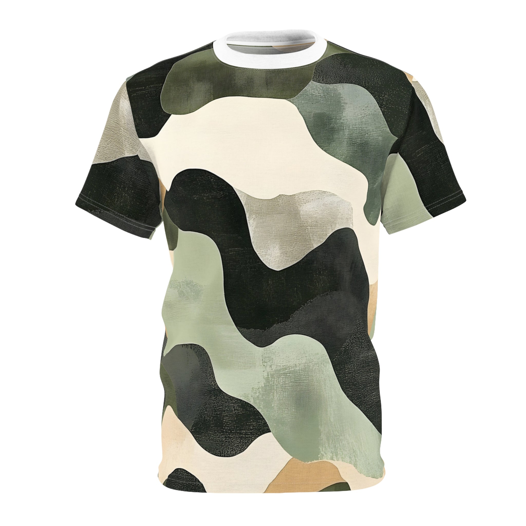 Focusing on Camouflage and Mystery Unisex Cut & Sew Tee (AOP), Artsulli - Art is Long, Life is Short, All Over Prints, Color, White stitching, Weight, 4 oz., Size, S, 58090047218677