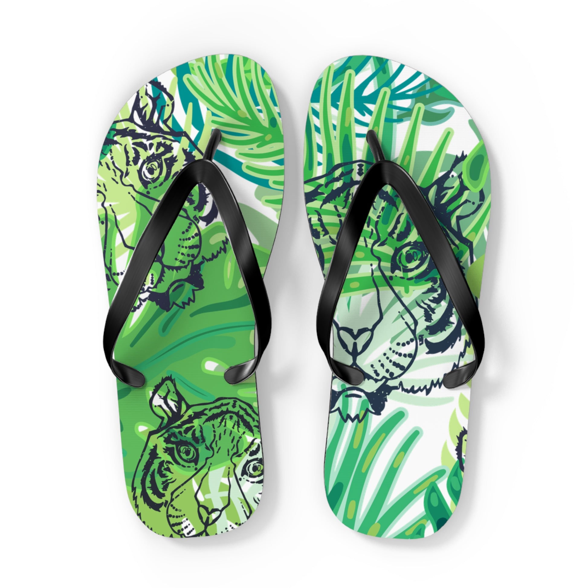 Tropical Jungle Tigers Green Flip Flops, Artsulli - Art is Long, Life is Short, Shoes, Size, XL, Color, Black sole, , , 14789721838920