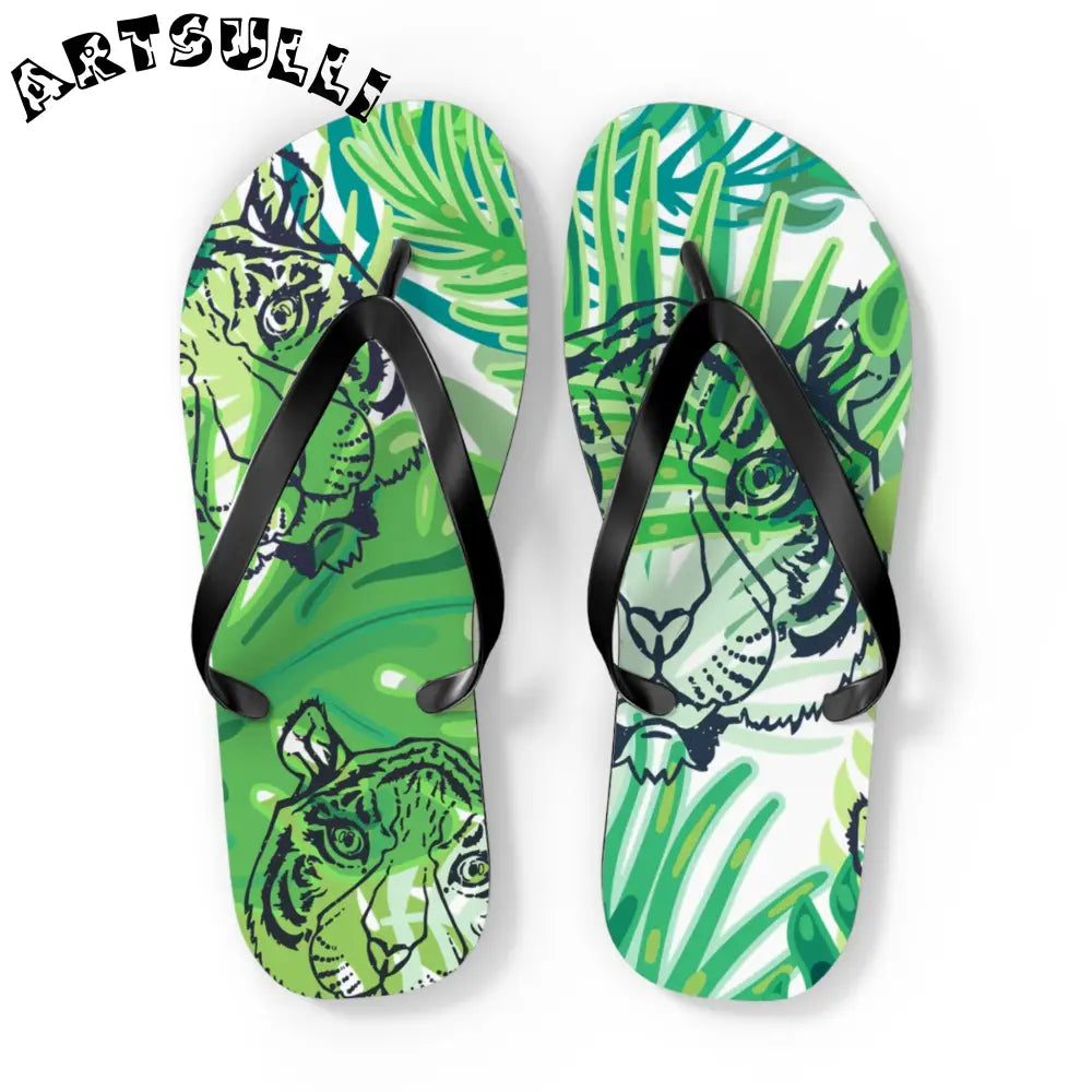 JAKKOUTTHEBXX Tropical Jungle Tigers Green Flip Flops JAKKOUTTHEBXX