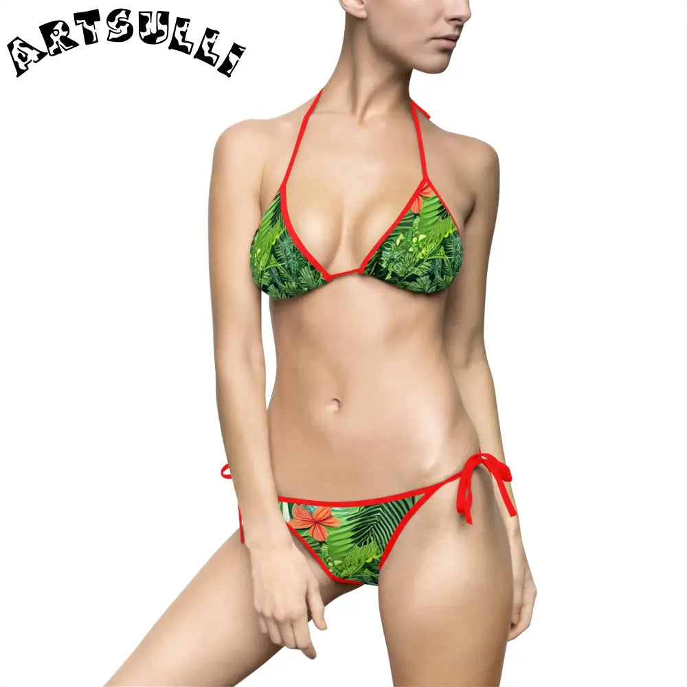JAKKOUTTHEBXX Tropical Leaf Orange Flower Bikini Swimsuit with White