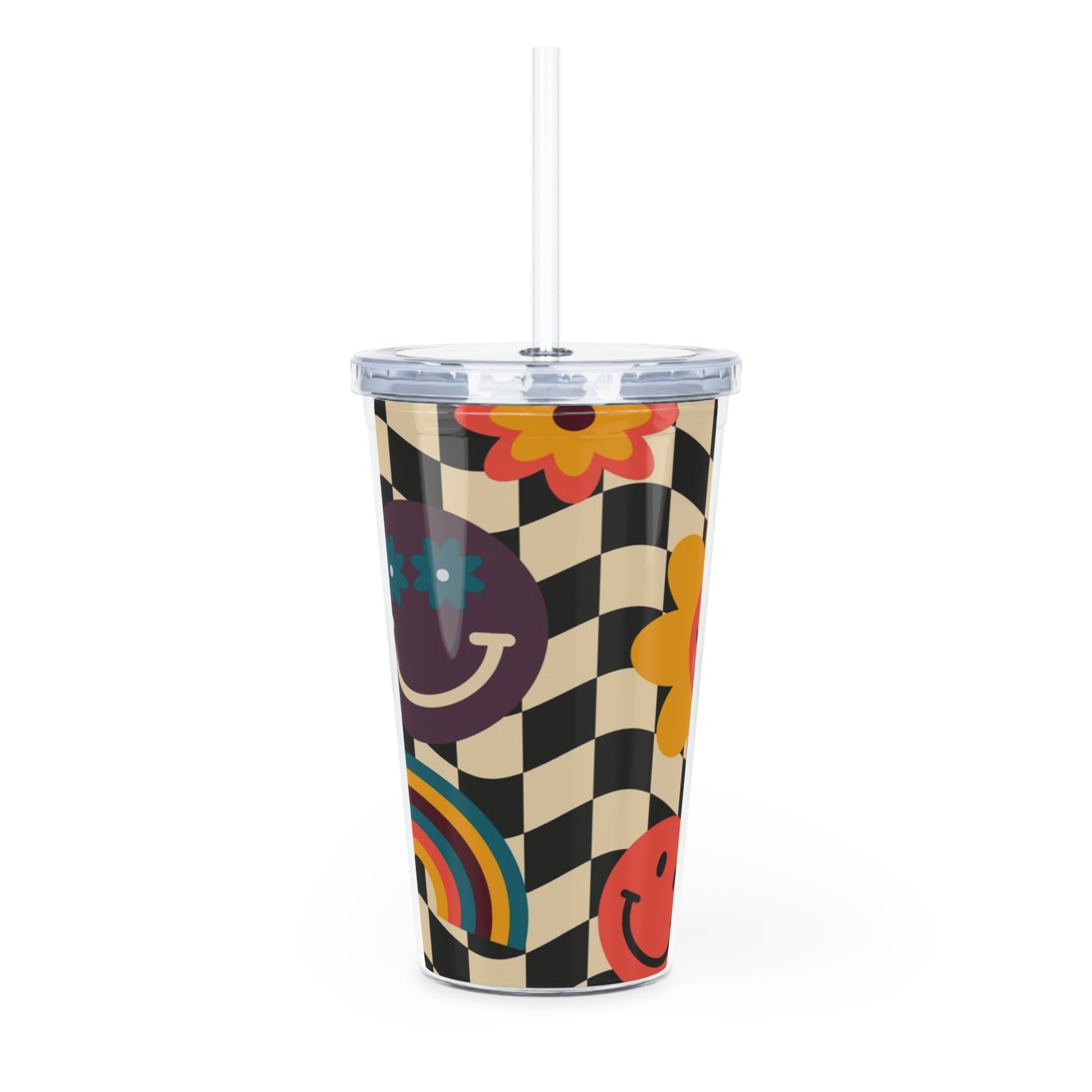 Trippy x Wavy Checkerboard x Smiley Face x Rainbow x Flowers Multi-Color Plastic Tumbler with Straw, Artsulli - Art is Long, Life is Short, Mug, , , , , , , 