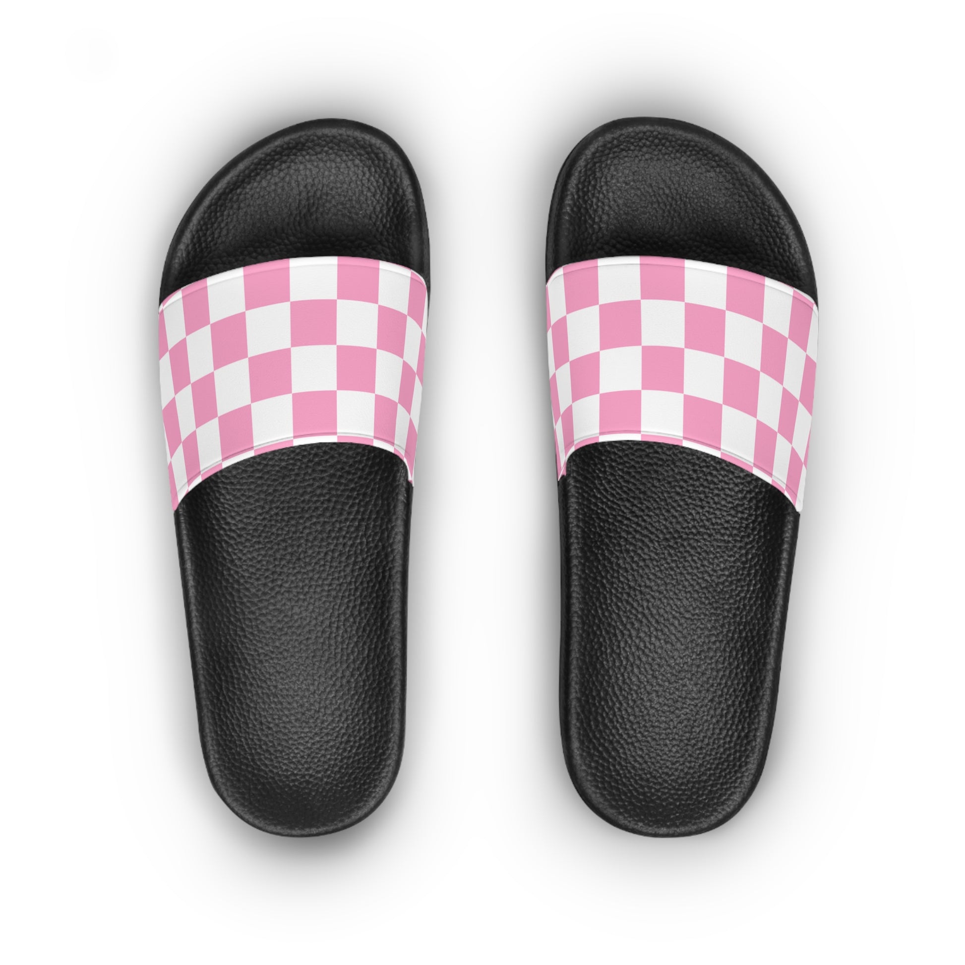 Checkerboard Hot Pink and White Women's Slide Sandals, Artsulli - Art is Long, Life is Short, Shoes, , , , , , , 