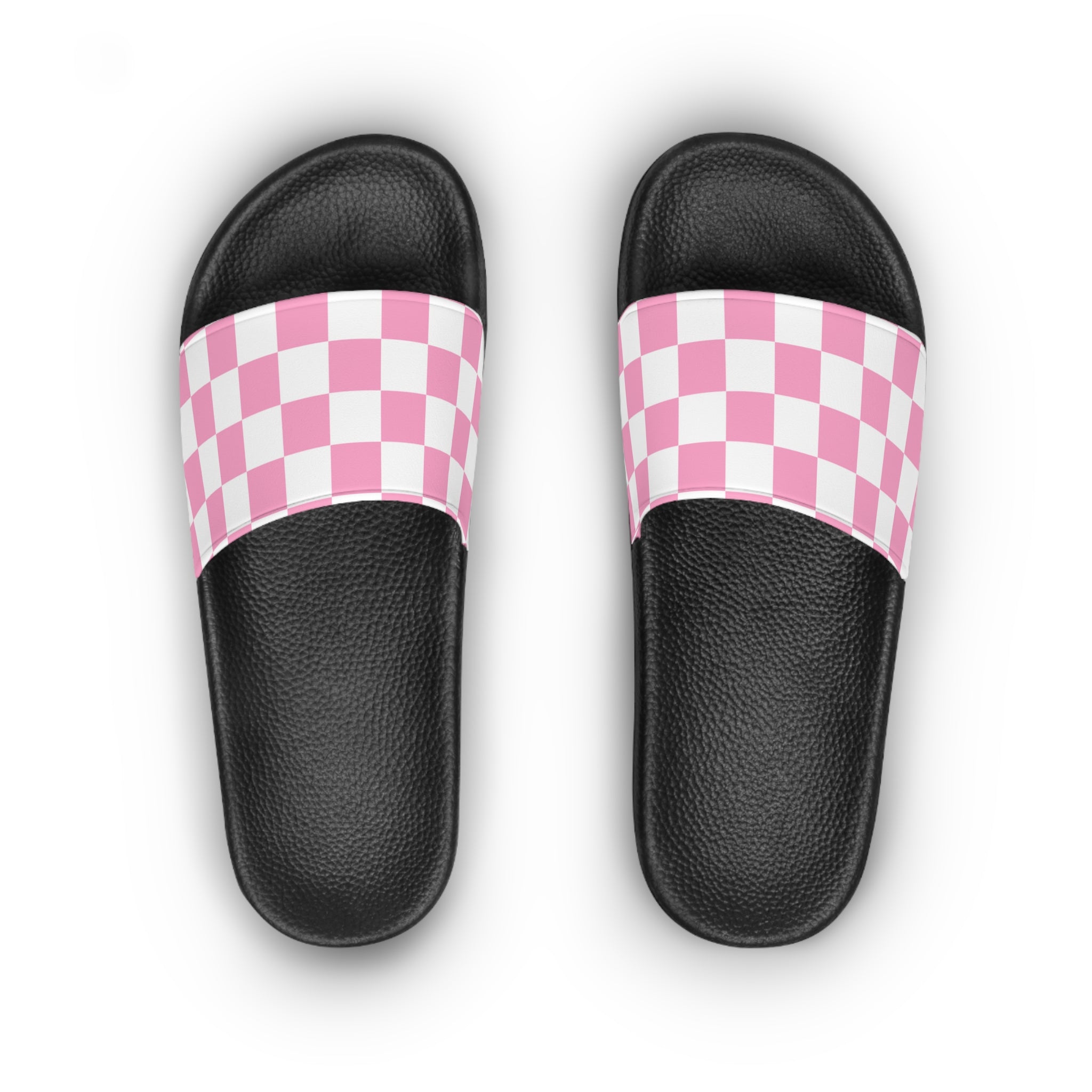 Checkerboard Hot Pink and White Women's Slide Sandals, Artsulli - Art is Long, Life is Short, Shoes, , , , , , , 