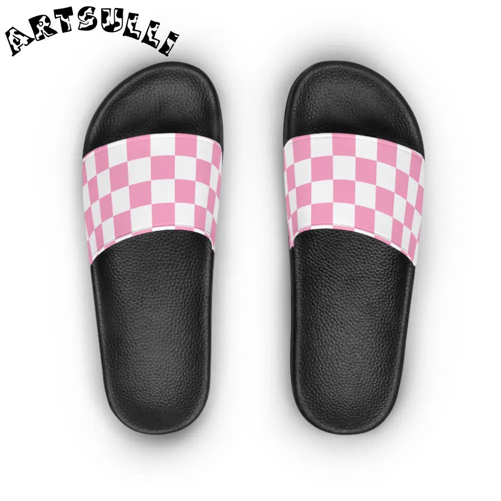 JAKKOUTTHEBXX Checkerboard Hot Pink and White Women’s Slide Sandals