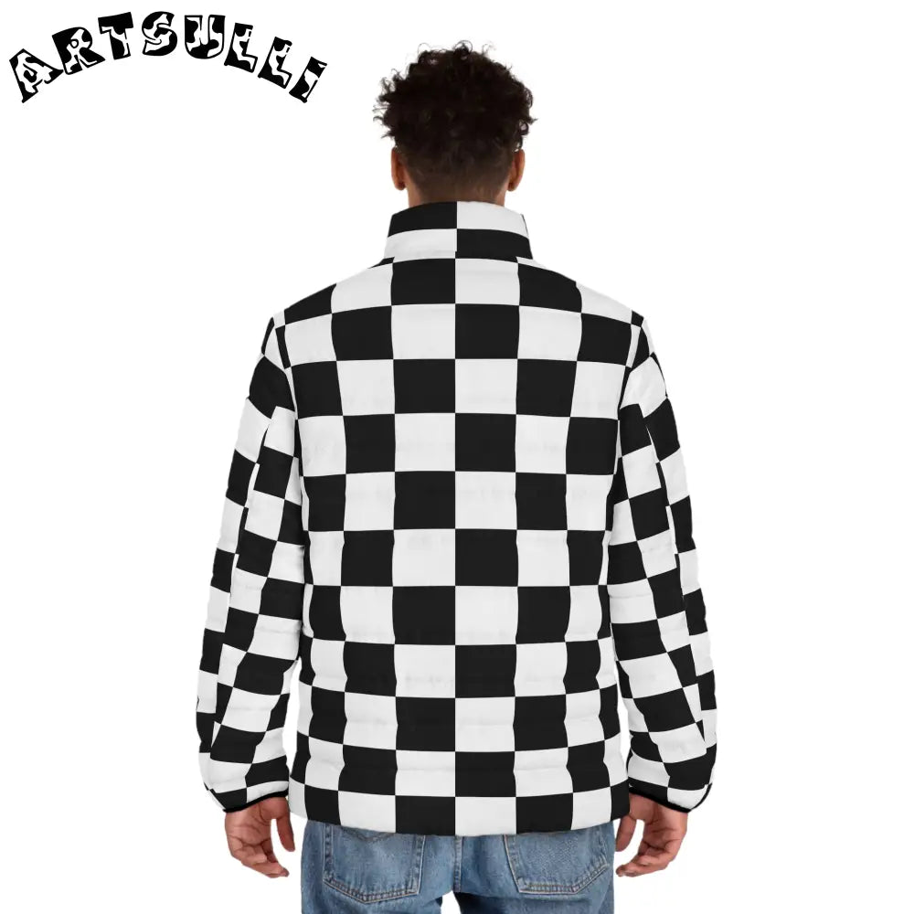 JAKKOUTTHEBXX Checkerboard Black and White Men’s Puffer Jacket (AOP)