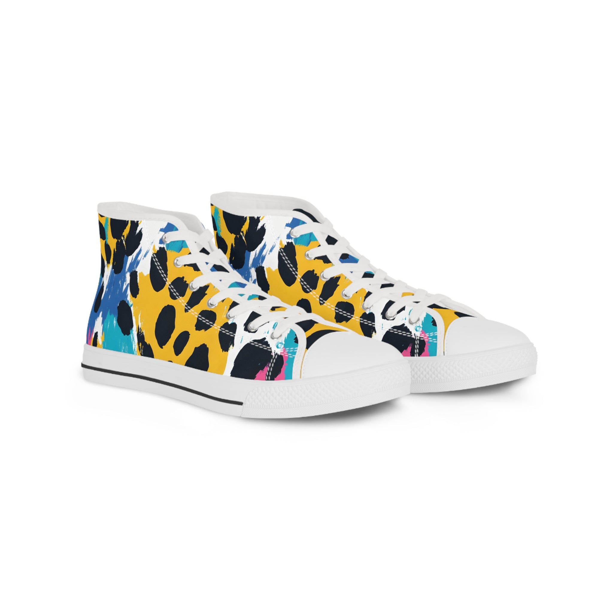 Leopard Print x Paint Brush Strokes Multi-Color Men's High Top Sneakers, Artsulli - Art is Long, Life is Short, Shoes, Size, US 5, Color, White sole, , , 16899078030470052879
