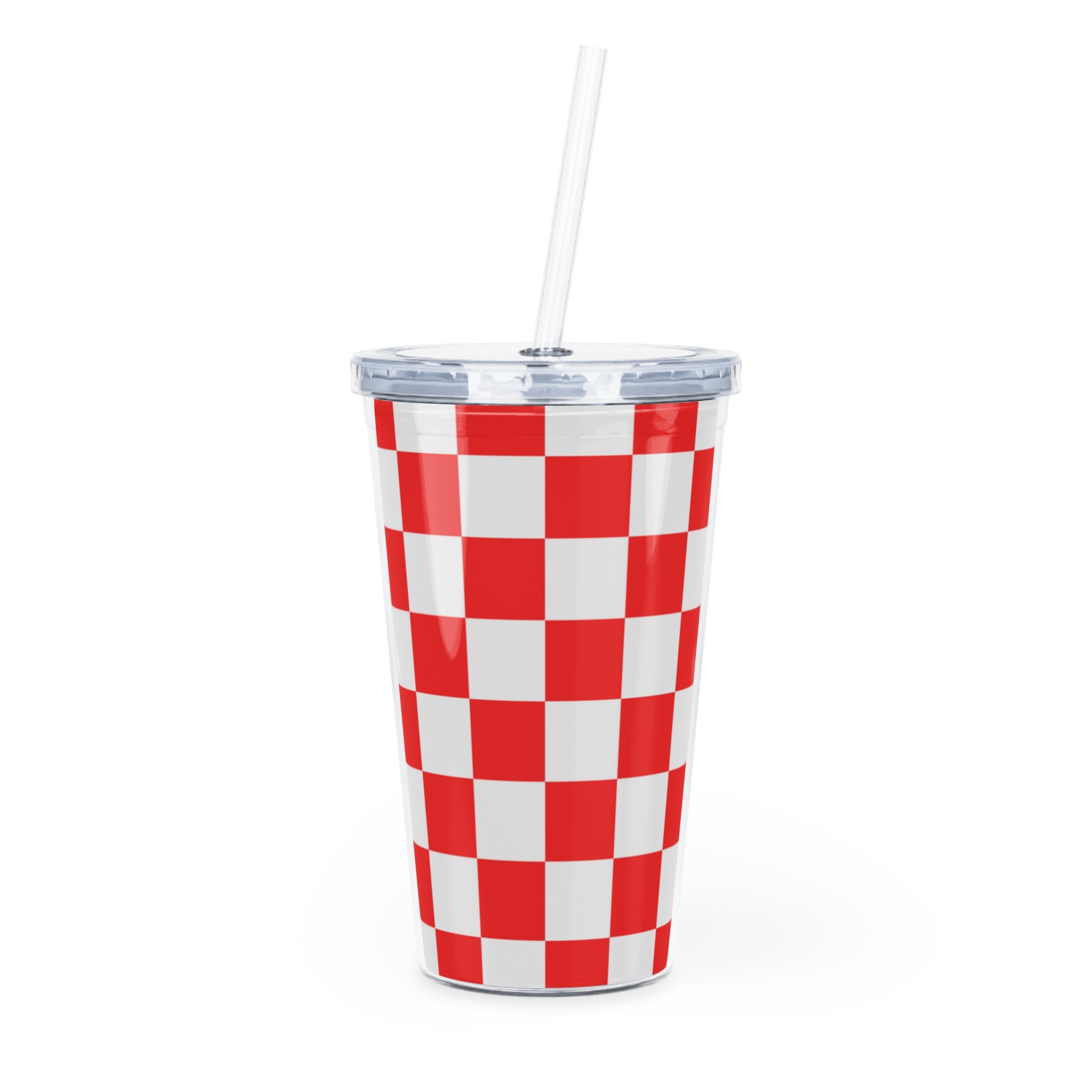 Checkerboard Red and White Plastic Tumbler with Straw, Artsulli - Art is Long, Life is Short, Mug, Size, 20oz, Color, Transparent, , , 18495971883458436527