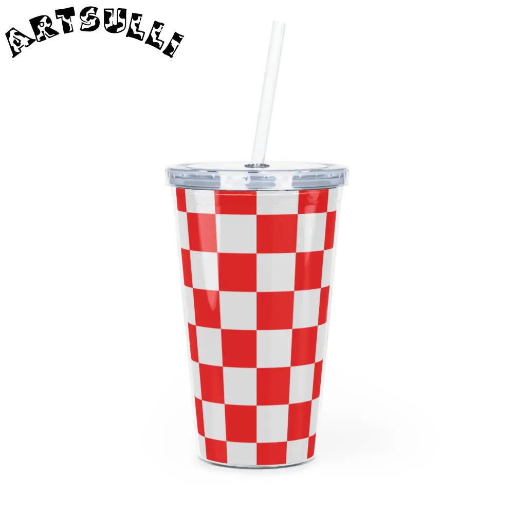 JAKKOUTTHEBXX Checkerboard Red and White Plastic Tumbler with Straw