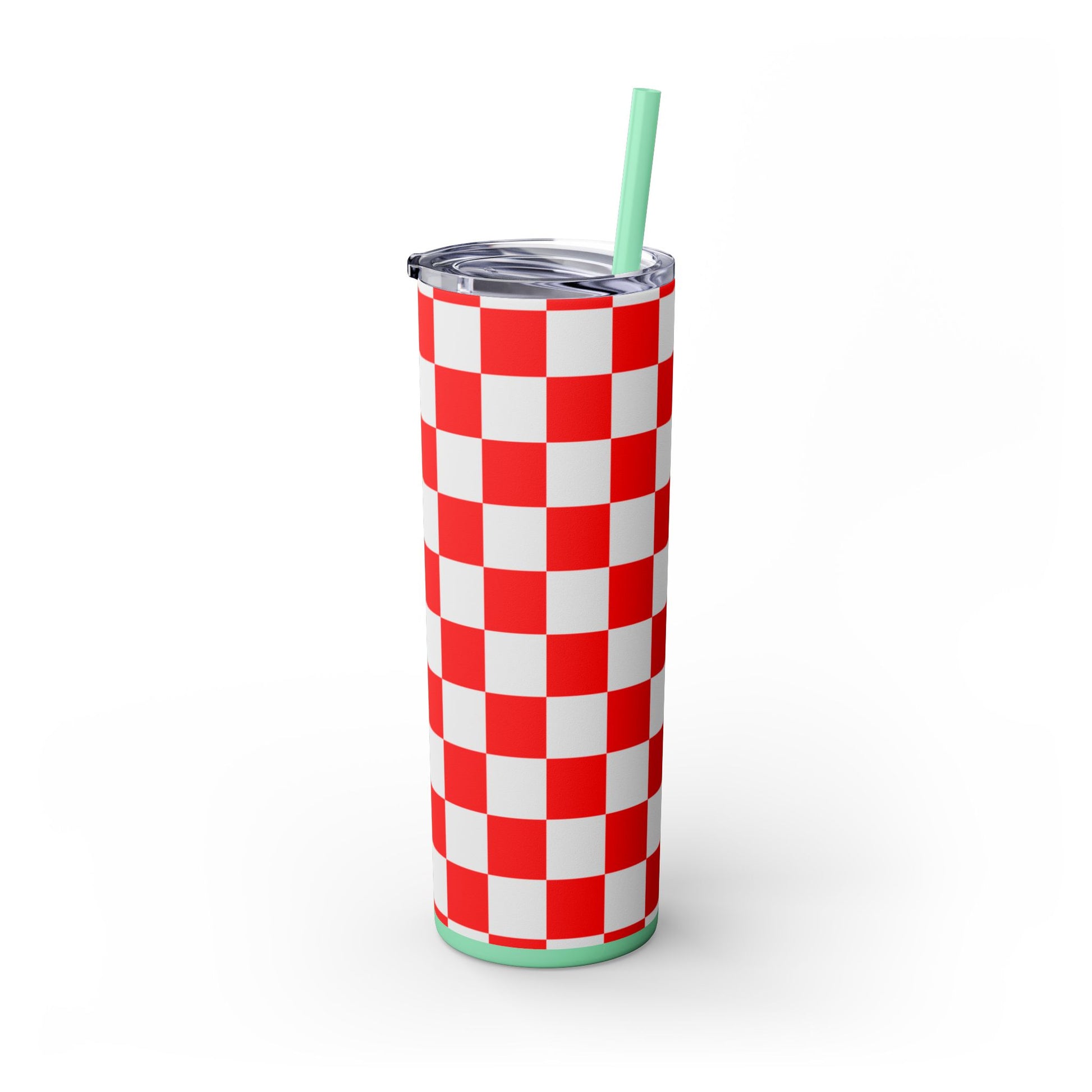 Checkerboard Red and White Skinny Tumbler with Straw, 20oz, Artsulli - Art is Long, Life is Short, Mug, , , , , , , 
