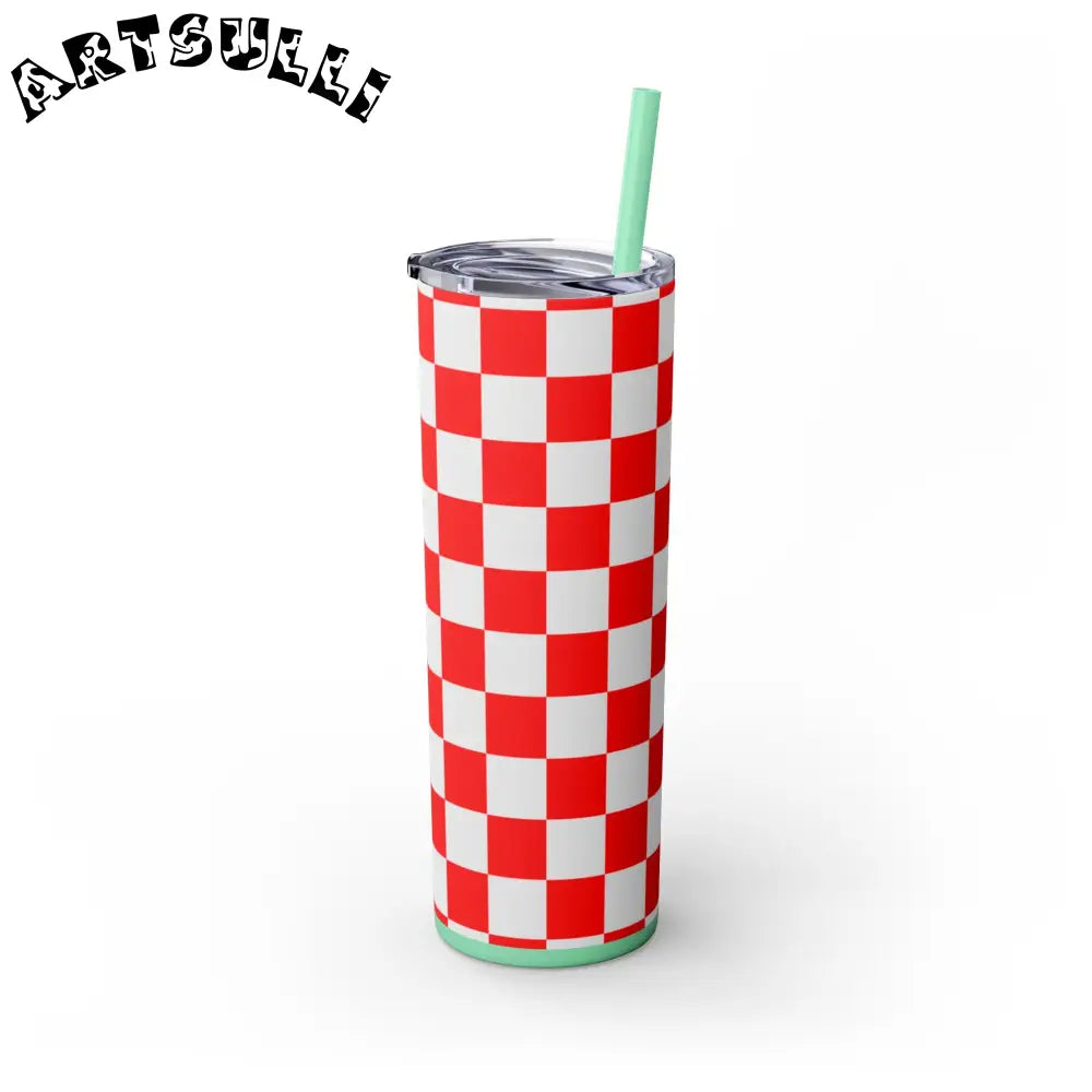 JAKKOUTTHEBXX Checkerboard Red and White Skinny Tumbler with Straw