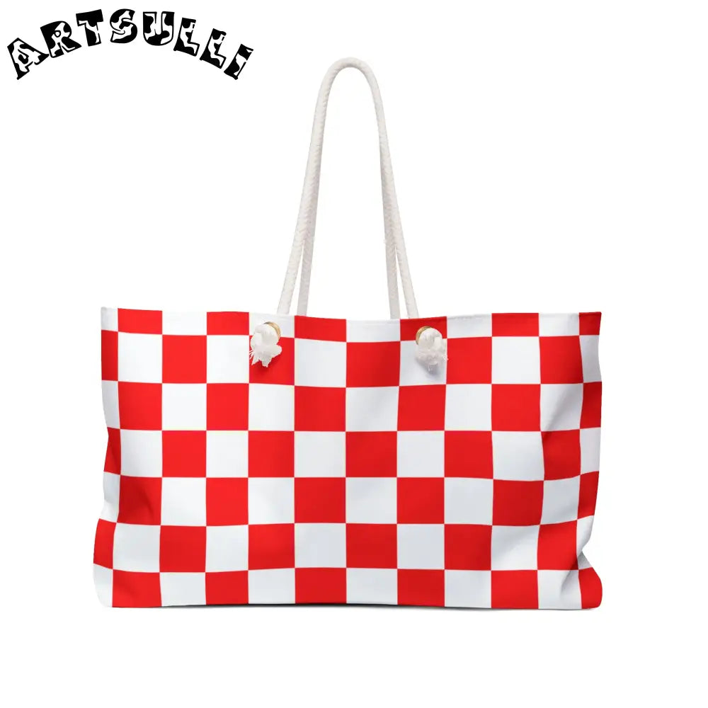 JAKKOUTTHEBXX Checkerboard Red and White Weekender Bag JAKKOUTTHEBXX