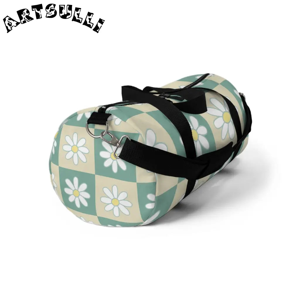 JAKKOUTTHEBXX Retro Daisy Checkerboard Green and Tan Duffel Bag