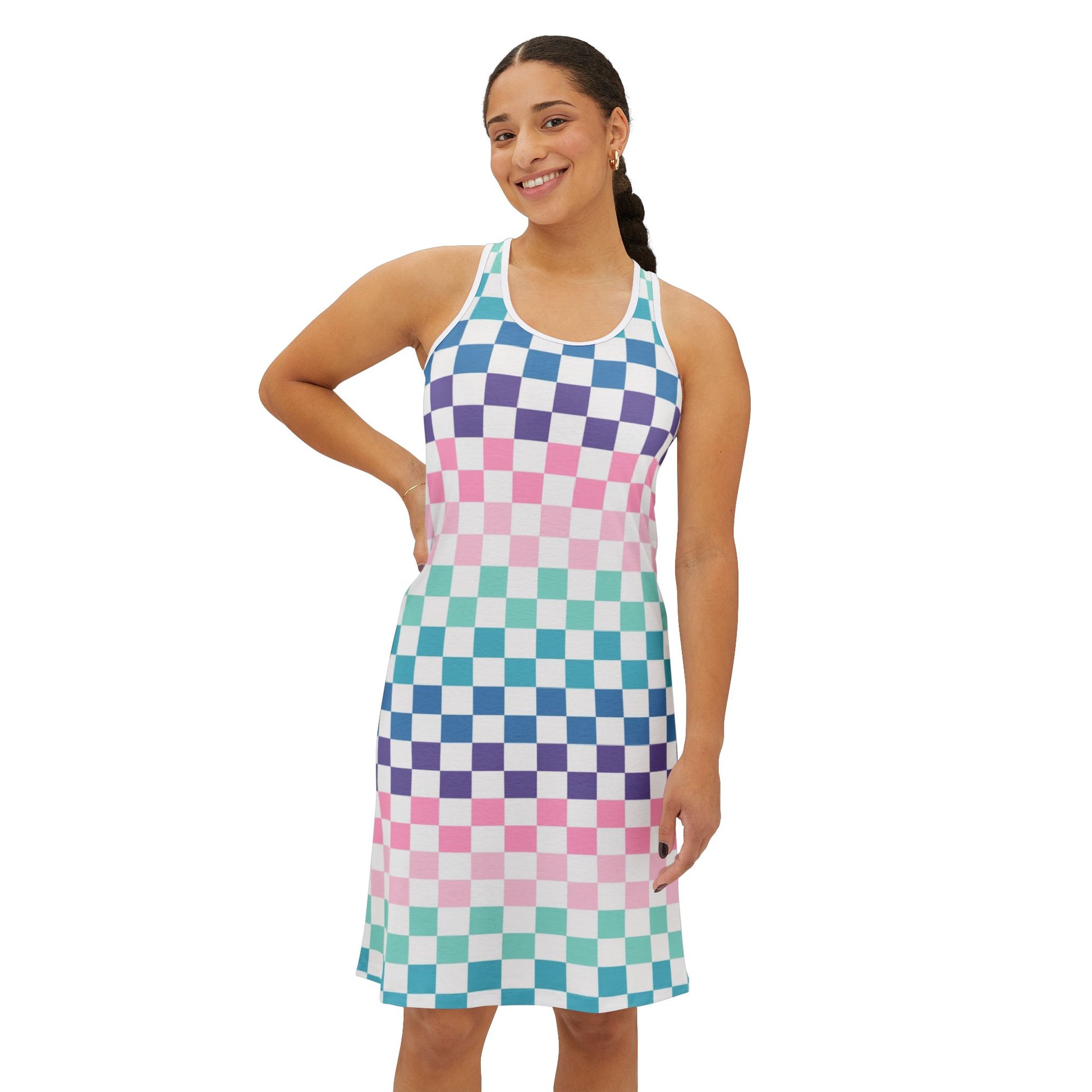Vaporwave Rainbow  Checkerboard Multi-Color Women's Racerback Dress (AOP), Artsulli - Art is Long, Life is Short, Tank Top, , , , , , , 