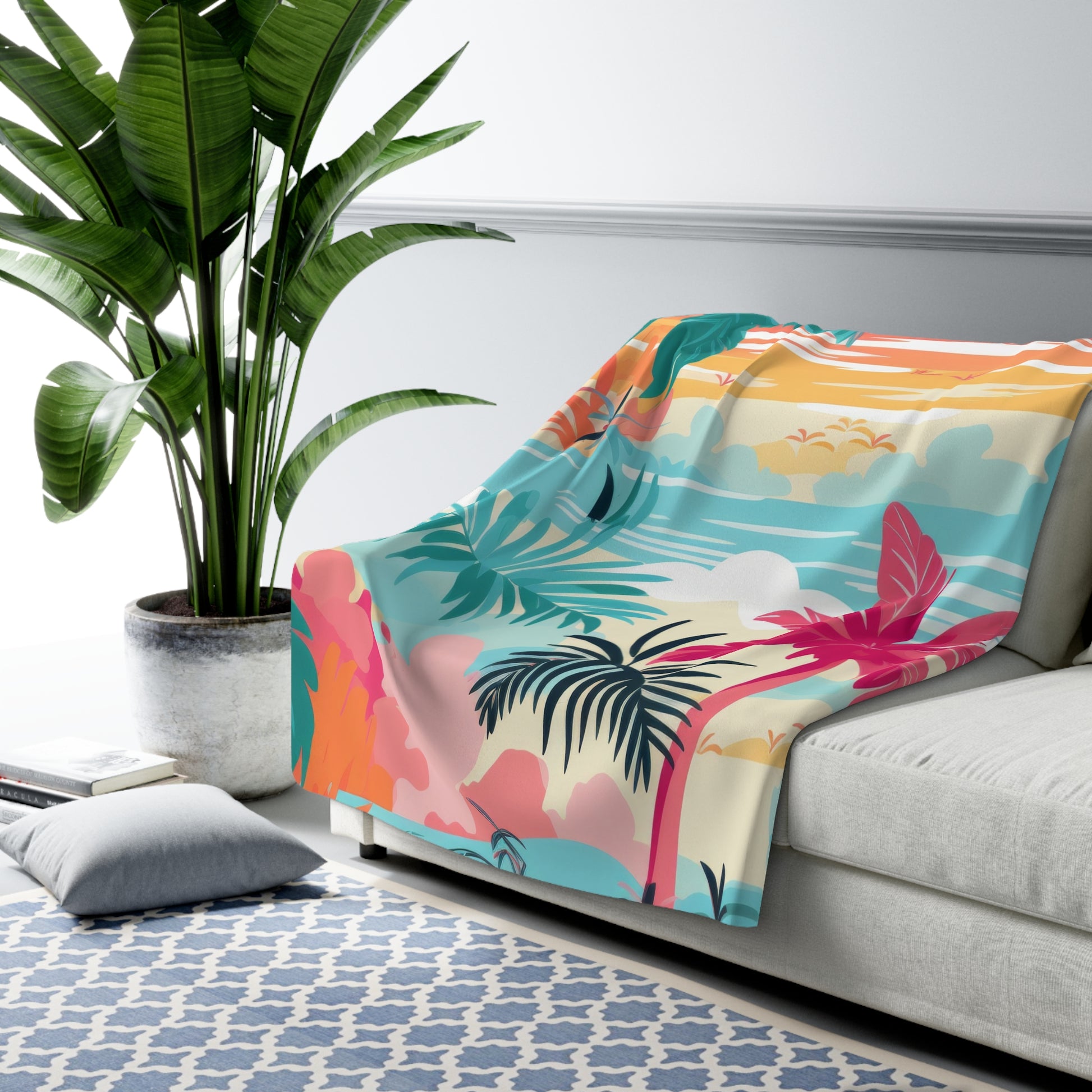 Tropical Palm Beach Paradise Multi-Color Sherpa Fleece Blanket, Artsulli - Art is Long, Life is Short, Home Decor, , , , , , , 