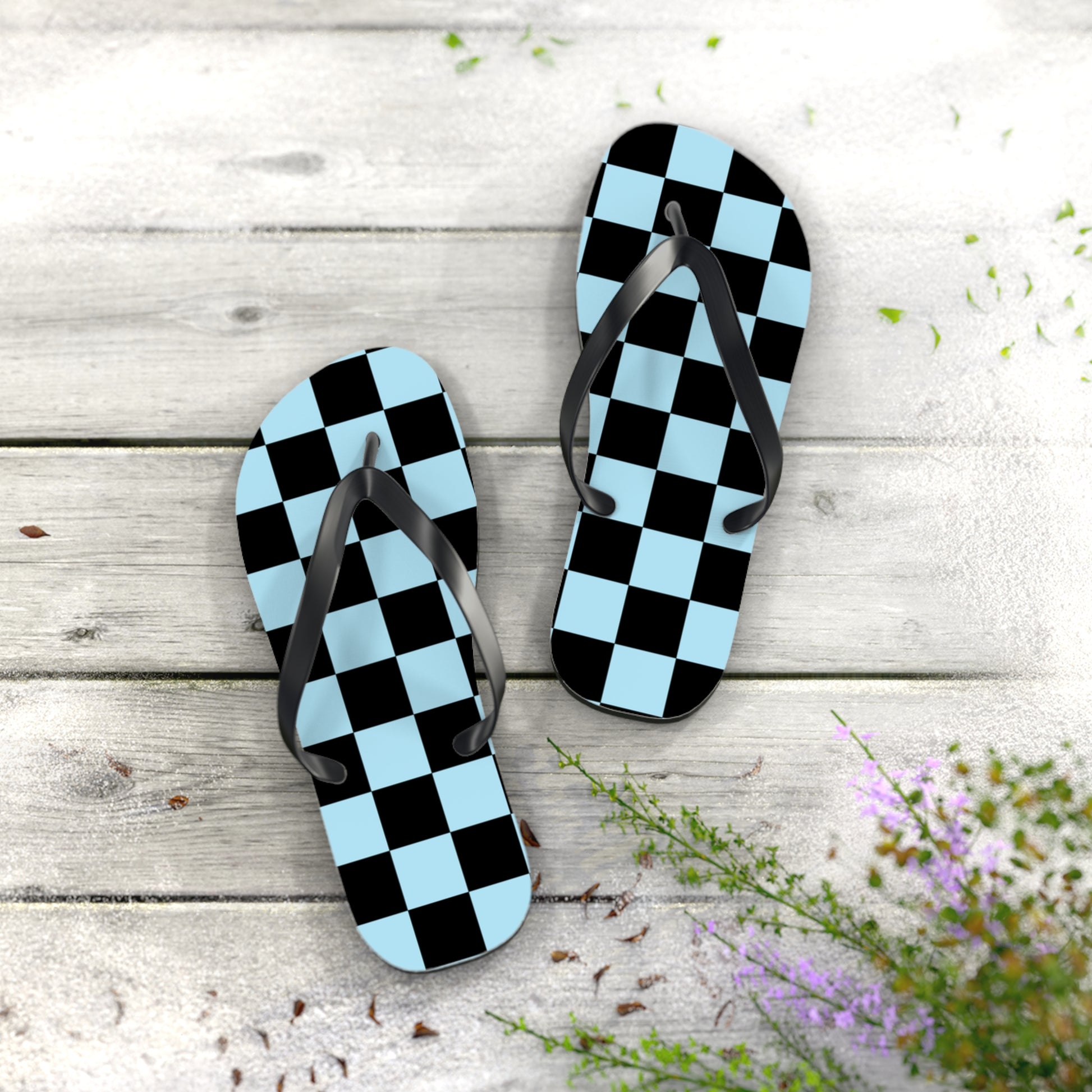 Checkerboard Black and Blue Flip Flops, Artsulli - Art is Long, Life is Short, Shoes, , , , , , , 