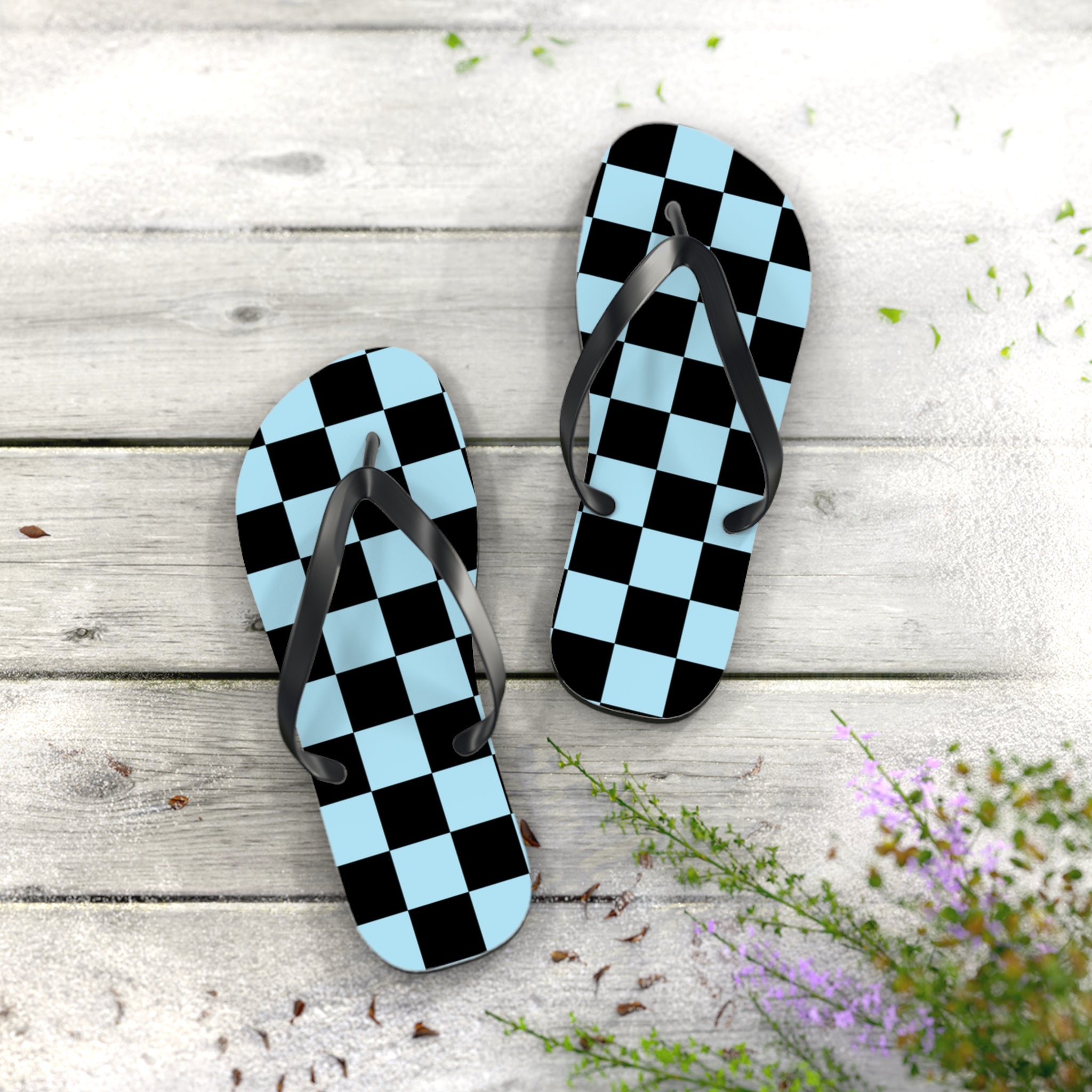 Checkerboard Black and Blue Flip Flops, Artsulli - Art is Long, Life is Short, Shoes, , , , , , , 