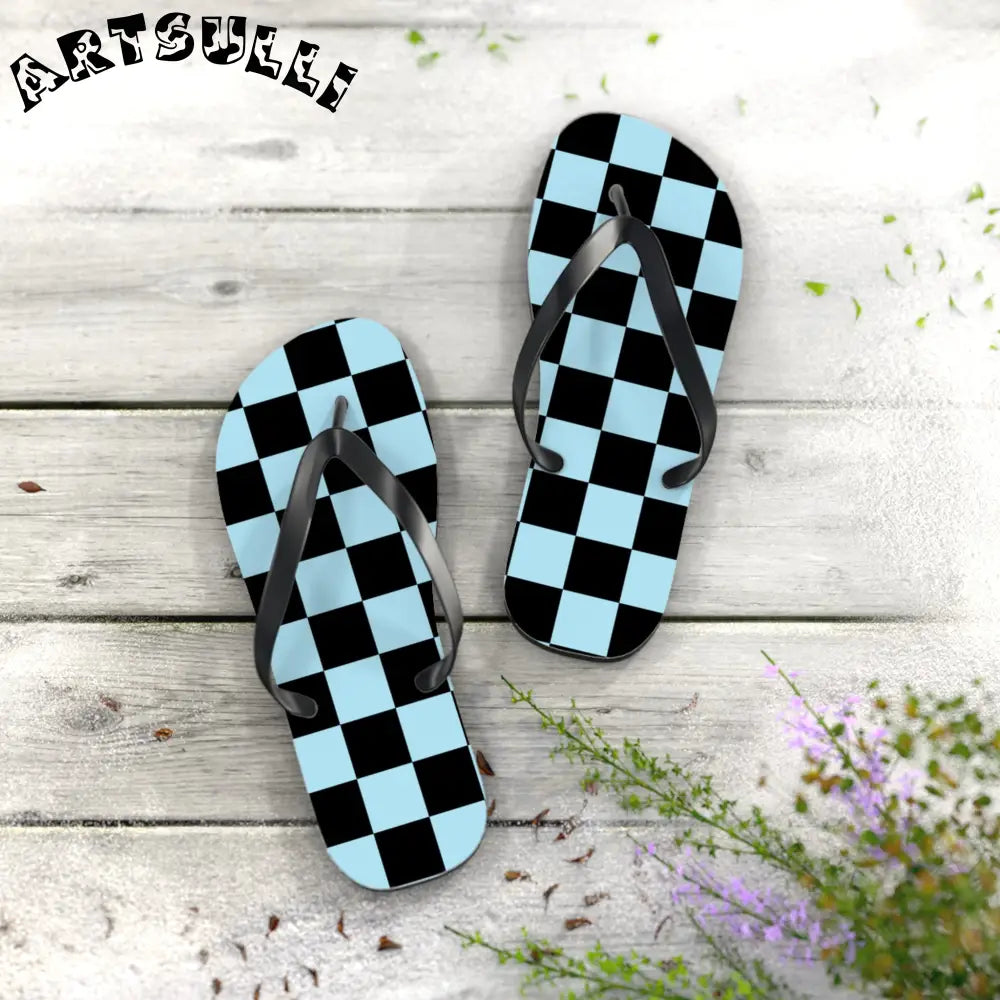 JAKKOUTTHEBXX Checkerboard Black and Blue Flip Flops JAKKOUTTHEBXX