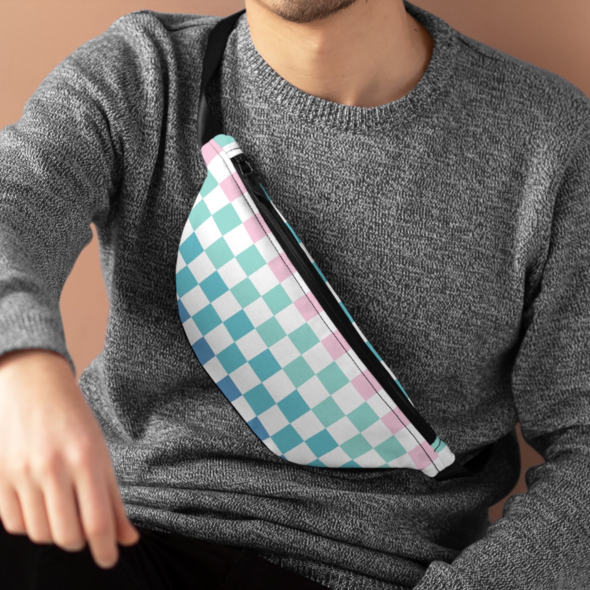 Vaporwave Rainbow  Checkerboard Multi-Color Fanny Pack, Artsulli - Art is Long, Life is Short, Bags, , , , , , , 