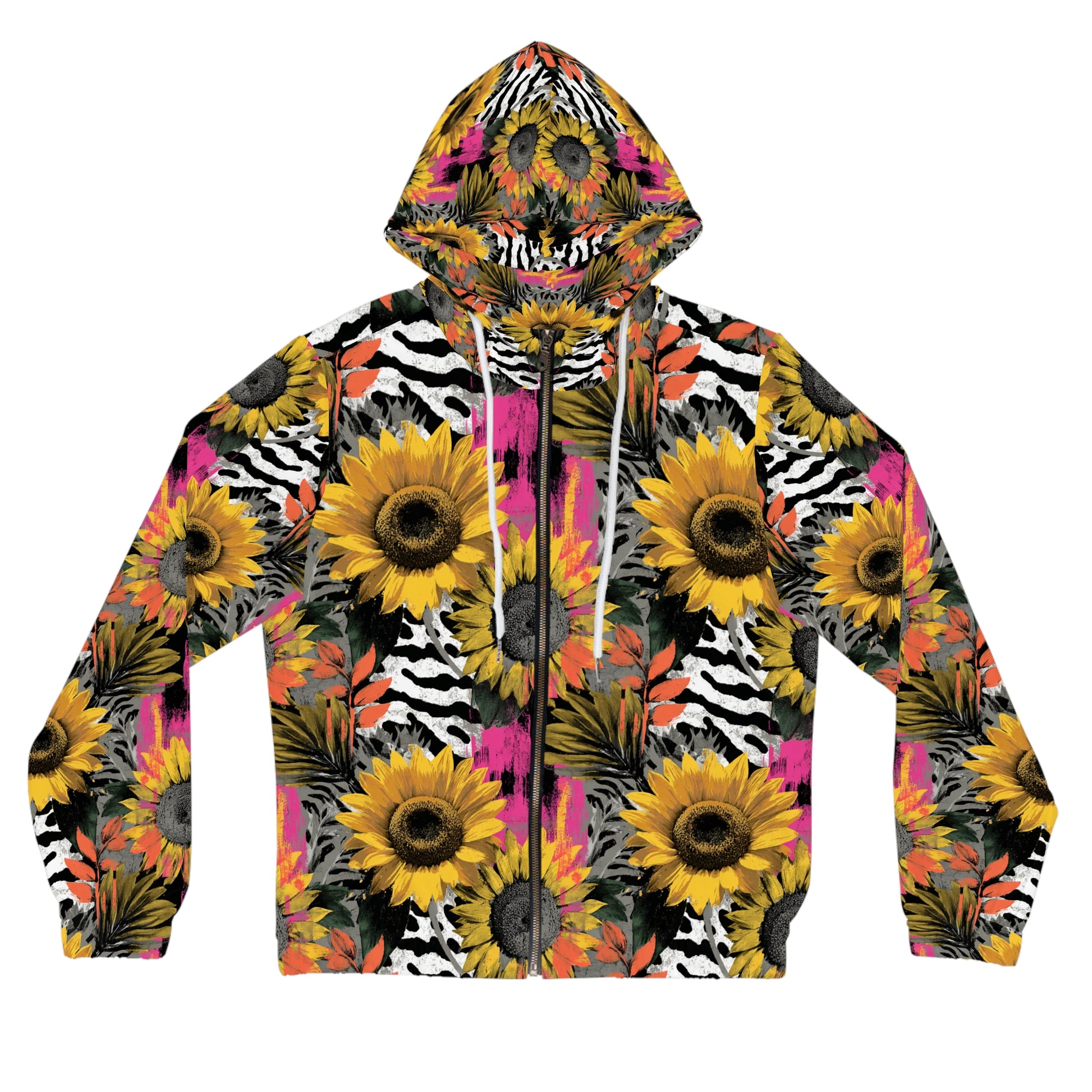Zebra Stripes x Sunflowers Multi-Color Women’s Full-Zip Hoodie (AOP), Artsulli - Art is Long, Life is Short, All Over Prints, Size, XS, Color, White, , , 30640722158096669280