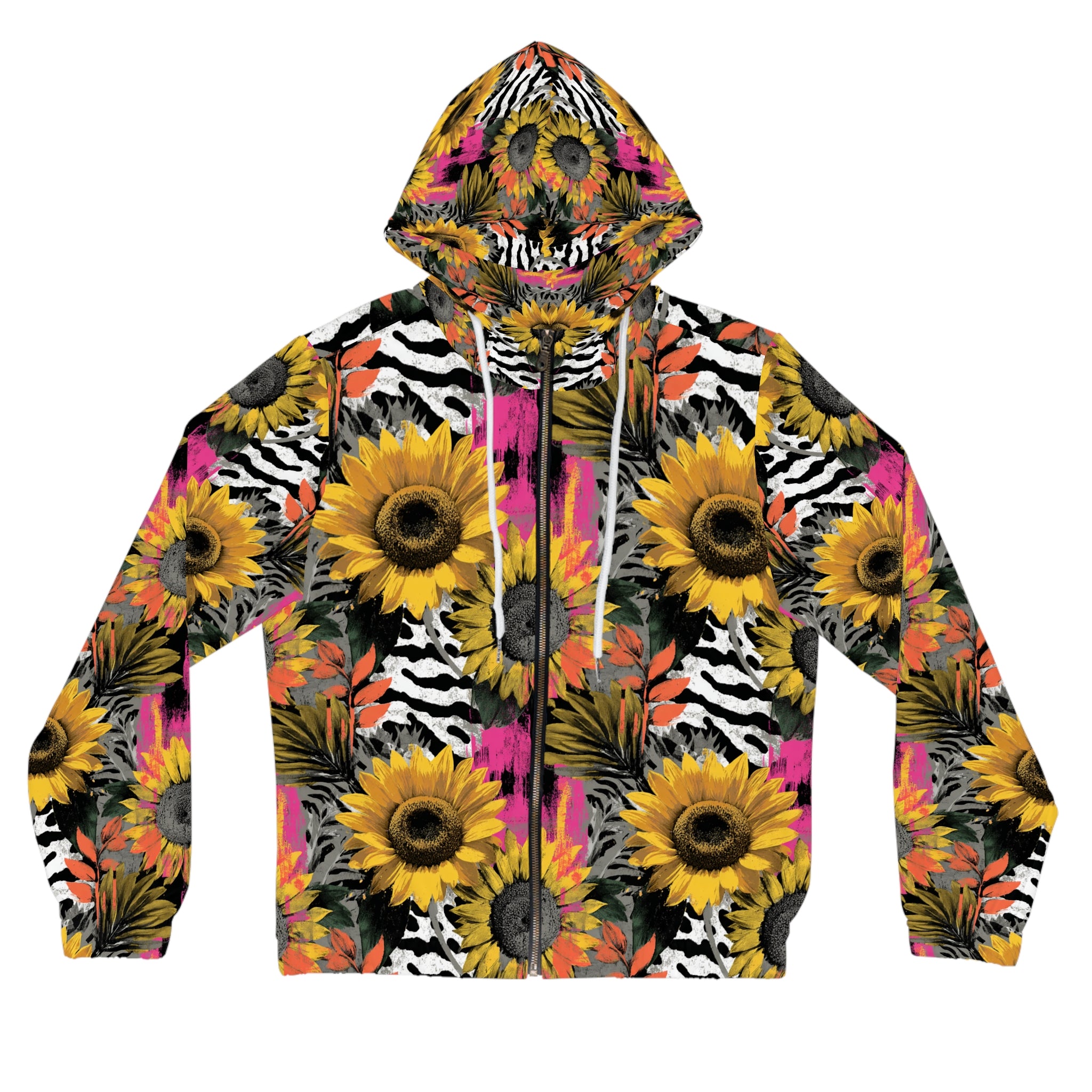 Zebra Stripes x Sunflowers Multi-Color Women’s Full-Zip Hoodie (AOP), Artsulli - Art is Long, Life is Short, All Over Prints, Size, XS, Color, White, , , 30640722158096669280