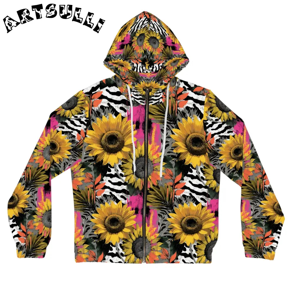 Zebra Stripes x Sunflowers Multi-Color Women’s Full-Zip Hoodie (AOP), Artsulli - Art is Long, Life is Short, All Over Prints, Size, XS, Color, White, , , 30640722158096669280