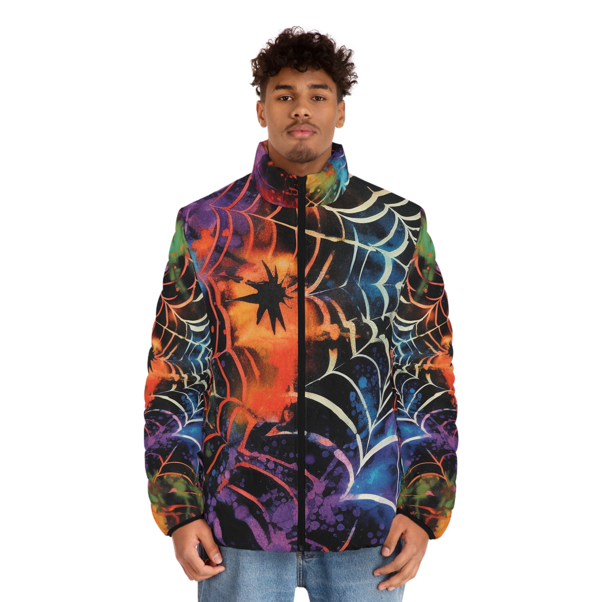 Spider Web Tie Dye Men's Puffer Jacket (AOP), Artsulli - Art is Long, Life is Short, All Over Prints, , , , , , , 