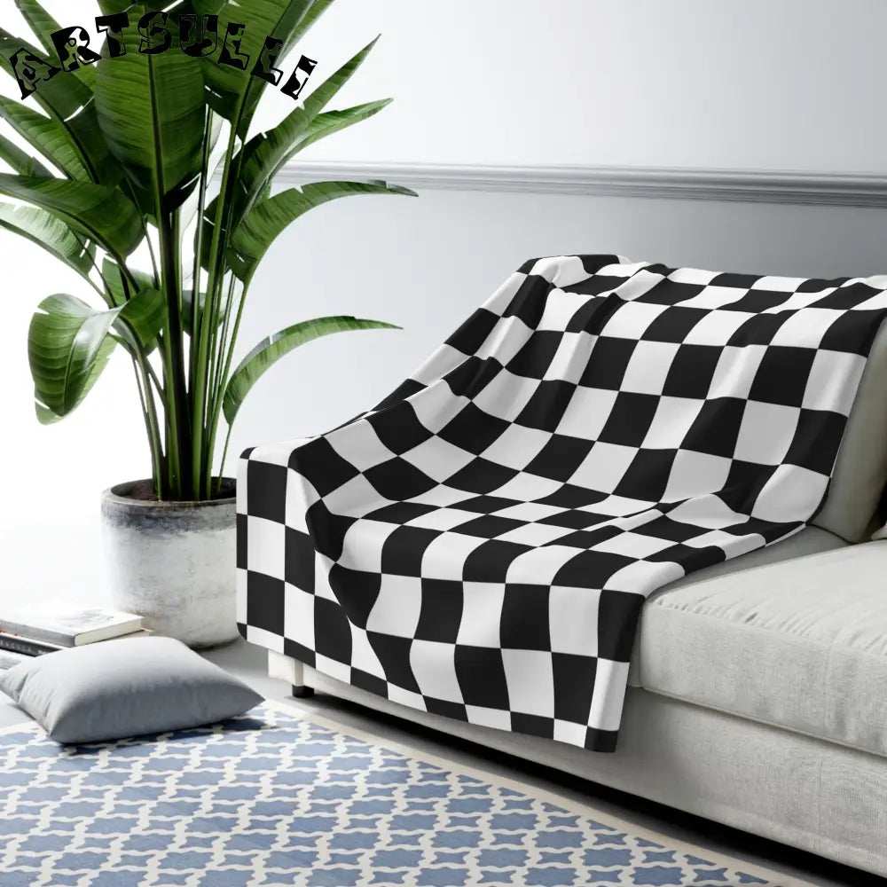 JAKKOUTTHEBXX Checkerboard White and Black Sherpa Fleece Blanket