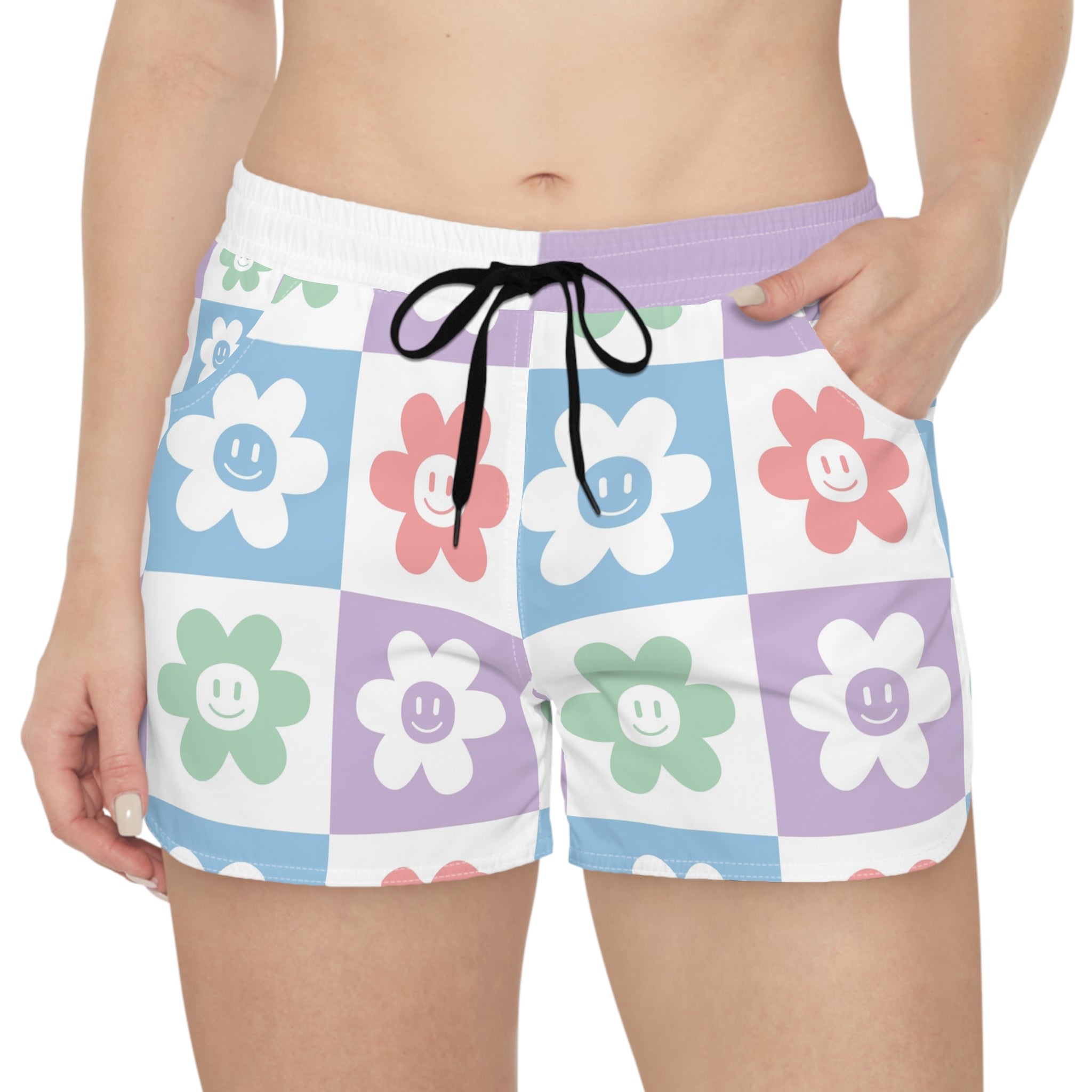 Chessboard x Smiley Face Flowers Multi-Color Women's Casual Shorts (AOP), Artsulli - Art is Long, Life is Short, All Over Prints, , , , , , , 