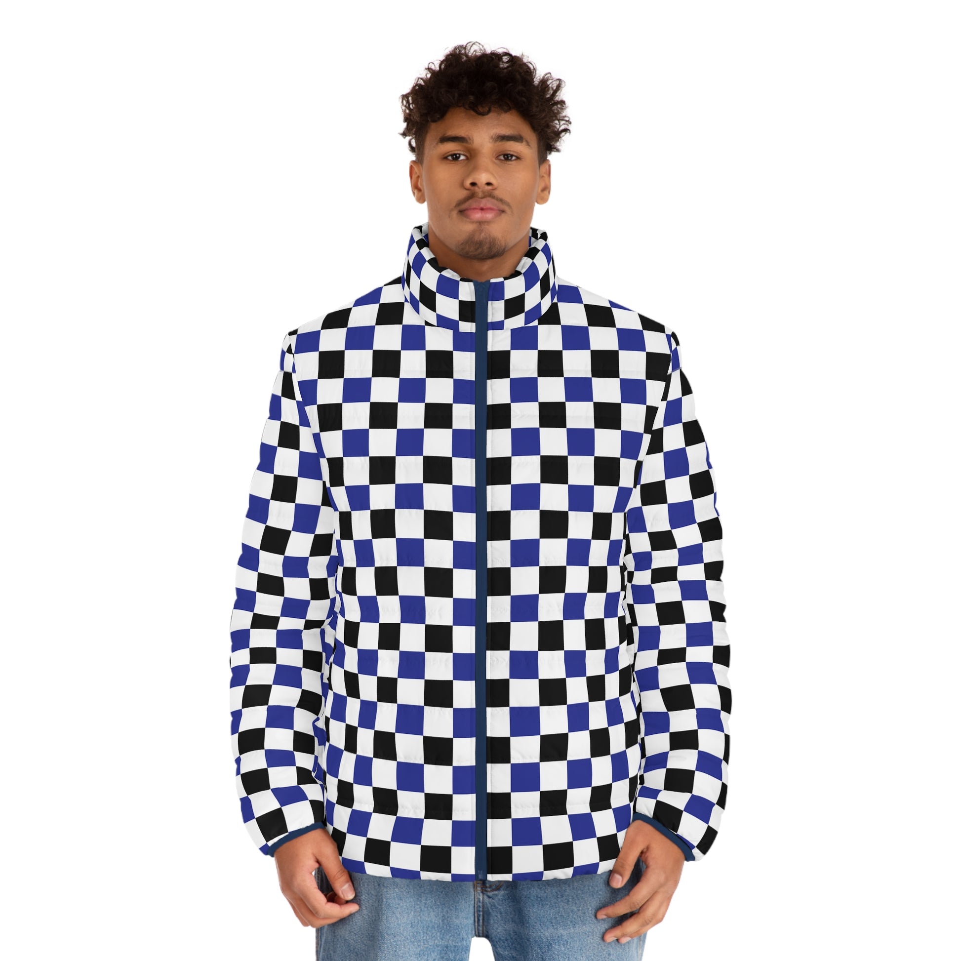 Checkerboard Blue White and Black Men's Puffer Jacket (AOP), Artsulli - Art is Long, Life is Short, All Over Prints, , , , , , , 