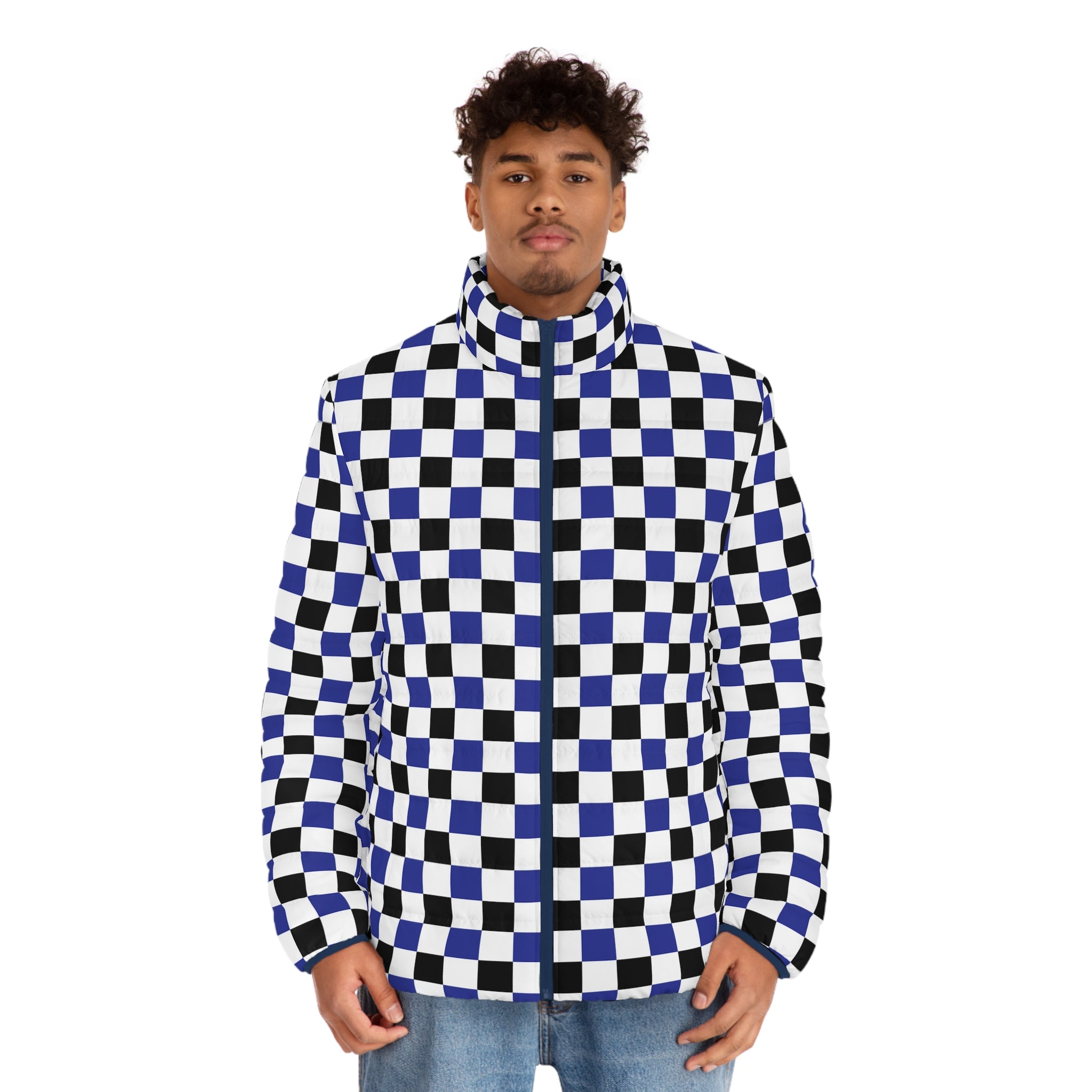 Checkerboard Blue White and Black Men's Puffer Jacket (AOP), Artsulli - Art is Long, Life is Short, All Over Prints, , , , , , , 