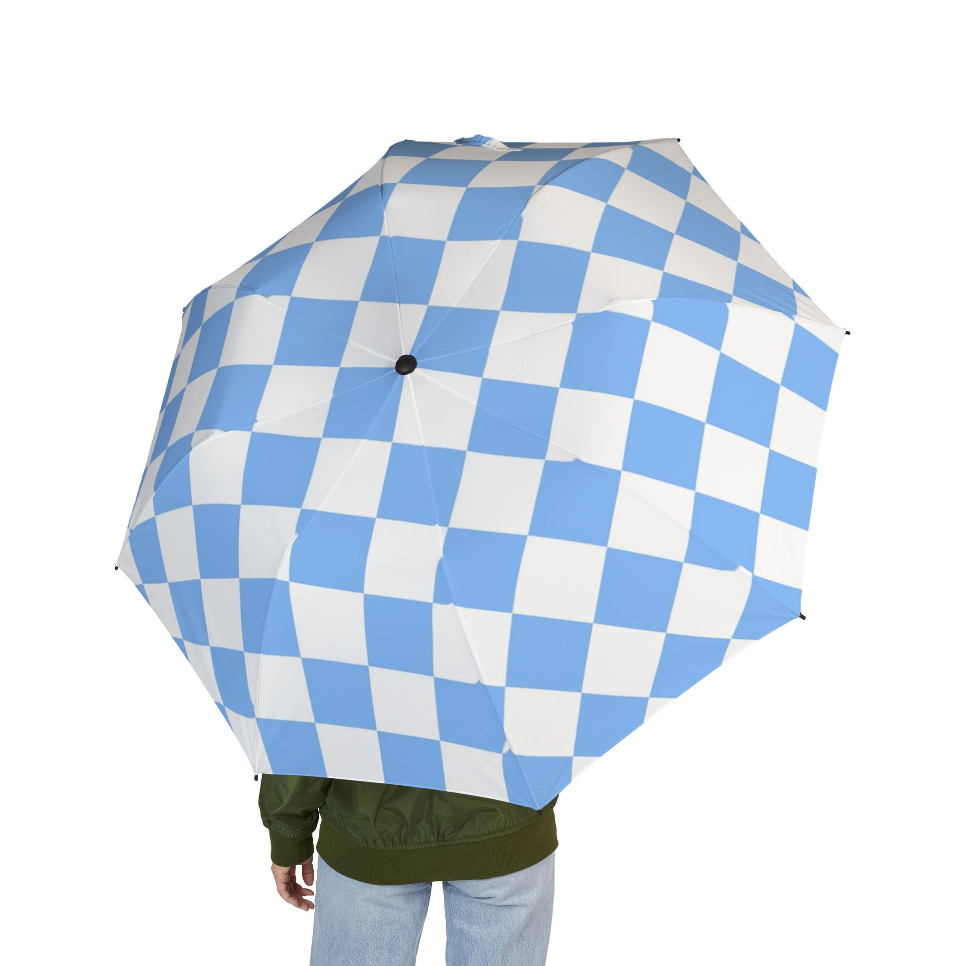 Checkerboard White and Light Blue Semi-Automatic Foldable Umbrella, Artsulli - Art is Long, Life is Short, Accessories, , , , , , , 