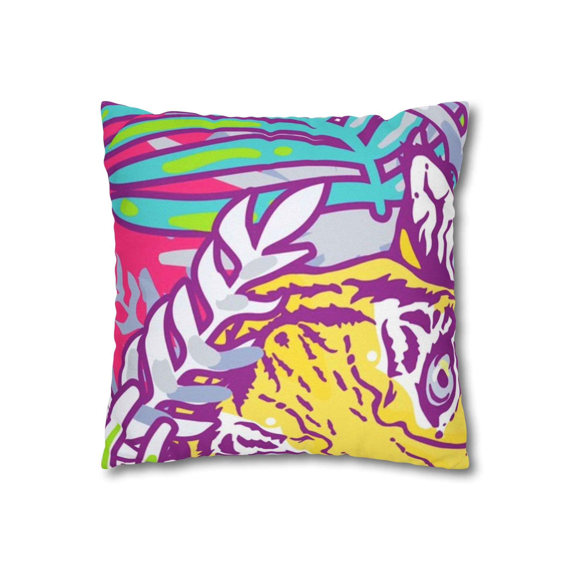 Tropical Floral Tigers Torquise and Purple Spun Polyester Square Pillowcase, Artsulli - Art is Long, Life is Short, Home Decor, , , , , , , 